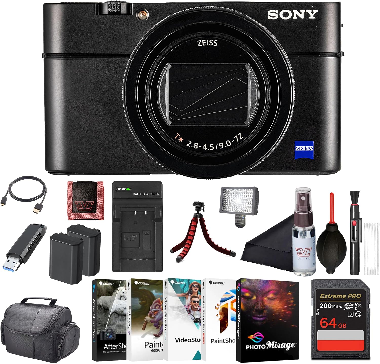 Sony Cyber-Shot RX100 VII Digital Camera (DSC-RX100M7) – 20.1MP 1-Inch Stacked CMOS Sensor | ZEISS 24–200 mm Zoom Lens | 64GB Card, Case, 2 x NP-BX1 Battery, LED Light, Photo Software and More