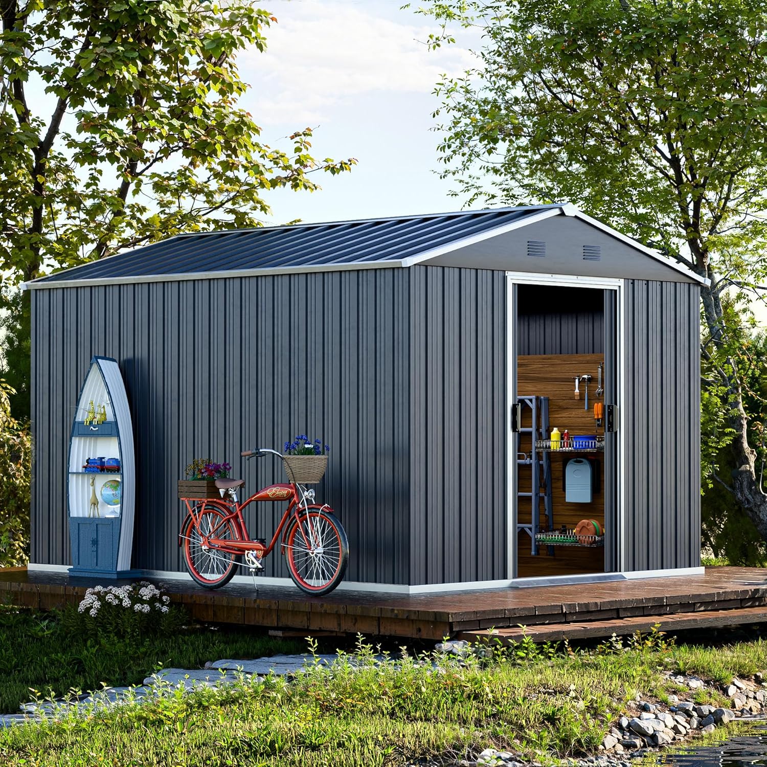 Metal Shed 8x10 FT, Military-Grade Reinforced Frame with Powder Coating, Steel Sheds with Sliding Door and Air Vents for Garden, Backyard, and Patio