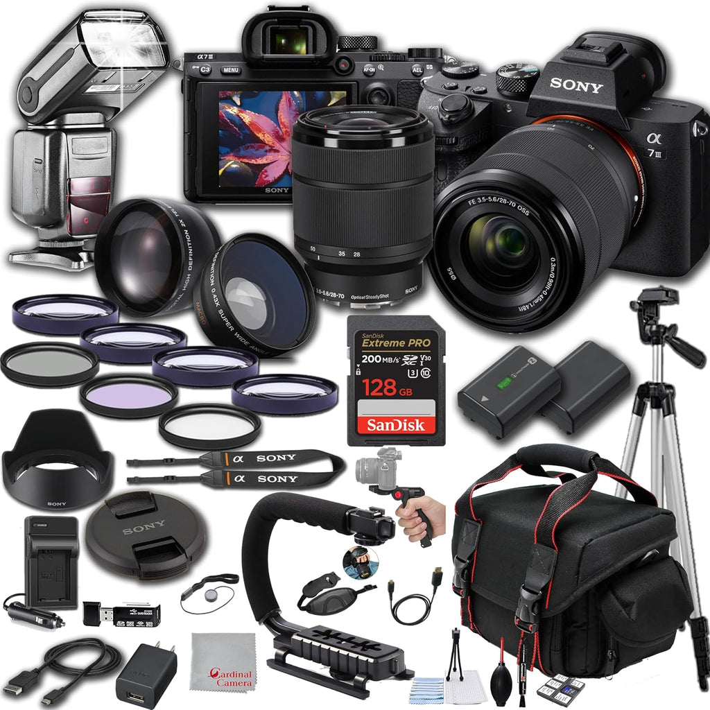Sony a7 III Mirrorless Digital Camera 24MP w/ 28-70mM Lens, 128GB Extreem Memory, TTL Pro Flash, Filters, Lenses, Case Tripod, Grip, and More – Pro Photo Bundle (40pc Bundle)