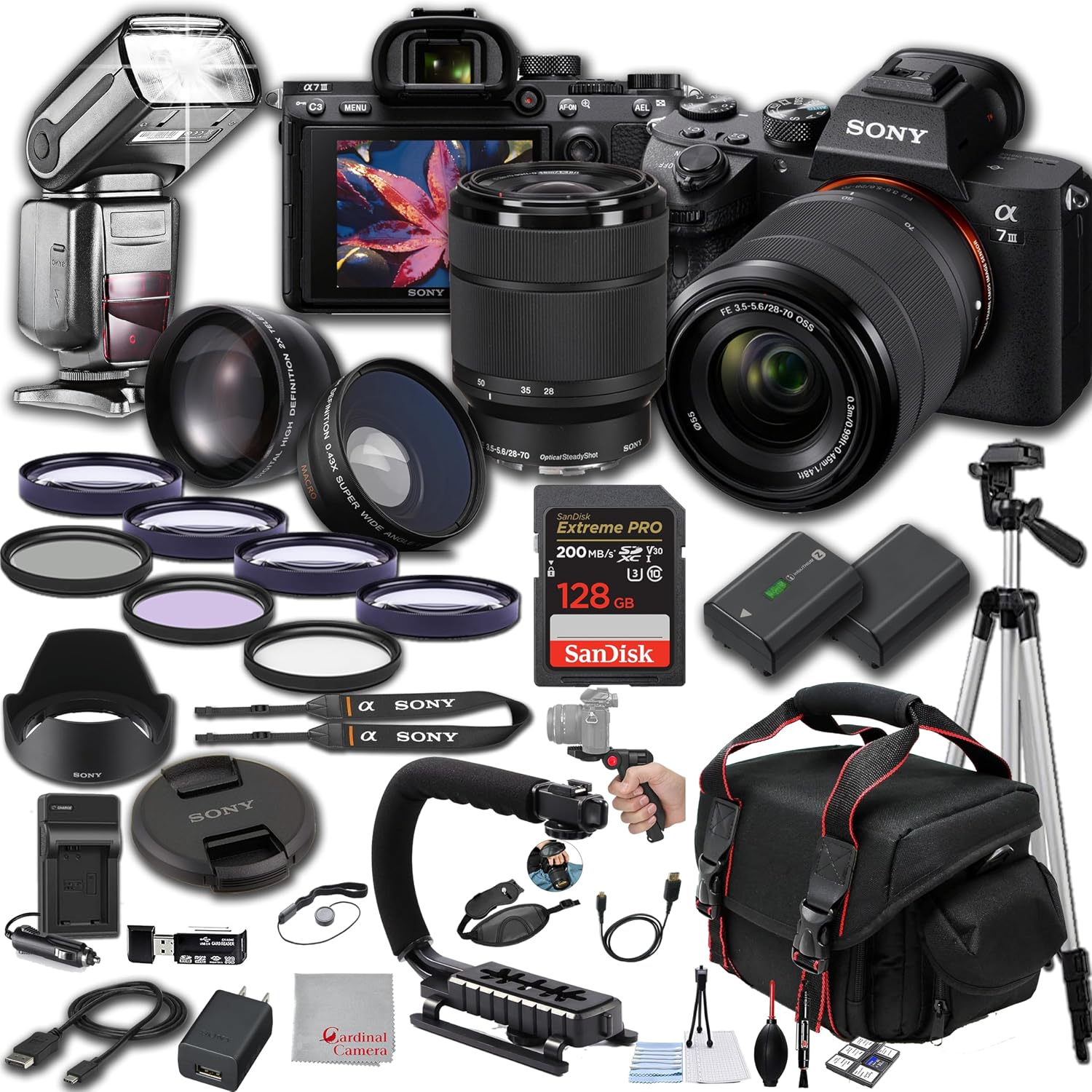 Sony a7 III Mirrorless Digital Camera 24MP w/ 28-70mM Lens, 128GB Extreem Memory, TTL Pro Flash, Filters, Lenses, Case Tripod, Grip, and More – Pro Photo Bundle (40pc Bundle)