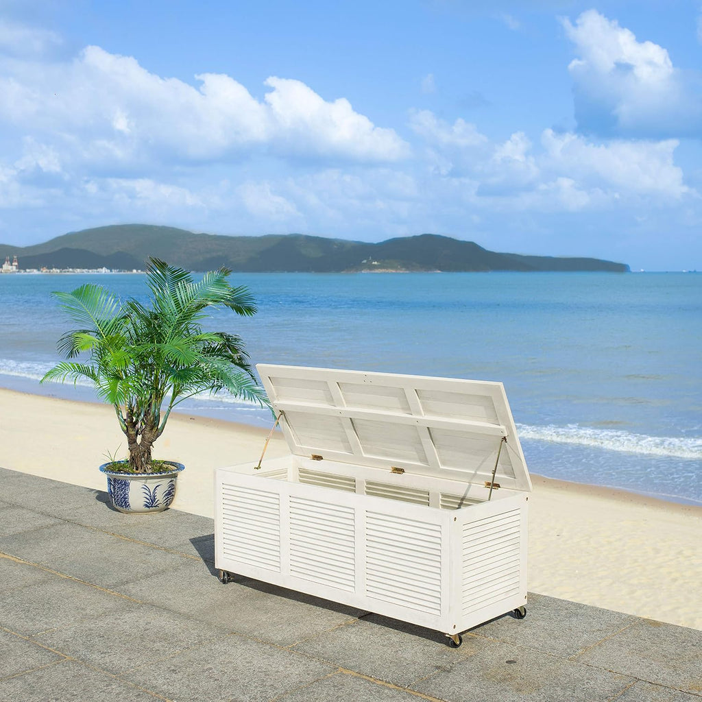 SAFAVIEH Outdoor - Elina Cushion Storage Box - White Washed Solid Wood - Coastal Resort Storage Bench Design - Ideal for Patio, Deck, Porch, Backyard, 18' W x 47' D x 19' H (PAT7038C)