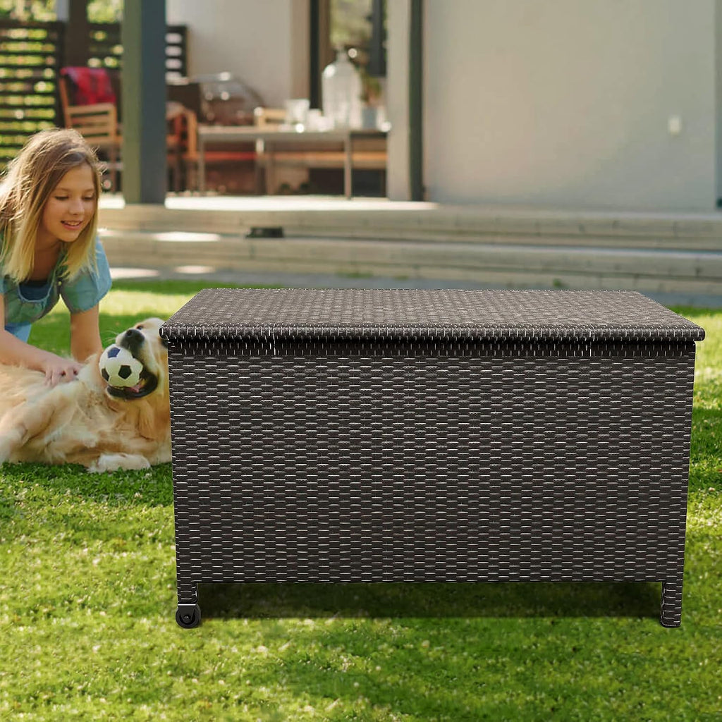 Large Deck Box Waterproof PE Rattan Outdoor Storage Box with Handles and Wheels, Storage Bin for Garden, Balcony, Porch, Pool, Yard (Brown, 125 Gallon)