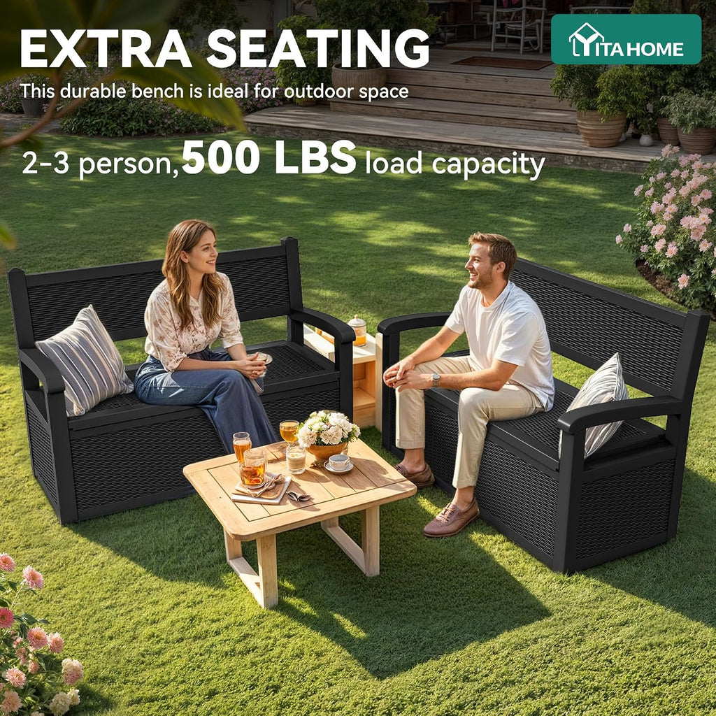 YITAHOME 80 Gallon Storage Bench Deck Box, Lockable Patio Bench with Hidden Storage, Waterproof Outdoor Pool Deck Storage for Patio Cushions, Garden Tools and Pool Supplies, Black