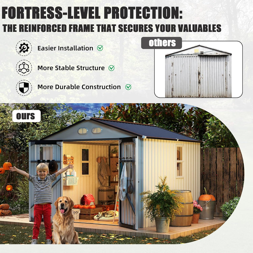 KEIKI 8x8 Outdoor Metal Storage Shed, Heavy-Duty Color Steel Construction with Protective Film, 4 Windows & Lockable Double Doors, Backyard Garden Utility Shed, White