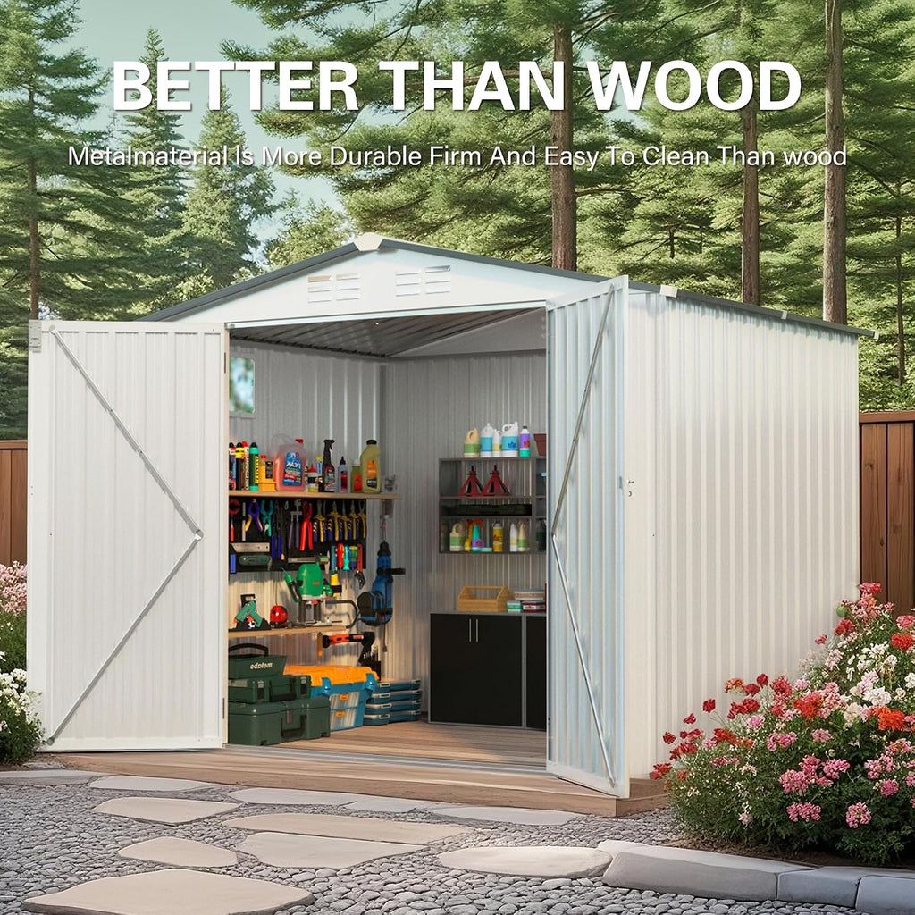 8x6 FT Outdoor Storage Shed, Metal Garden Shed with Window, Outside Tool Sheds with Lockable Hinged Doors, Waterproof Storage Building with 4 Air Vents for Backyard, Patio, Lawn, White