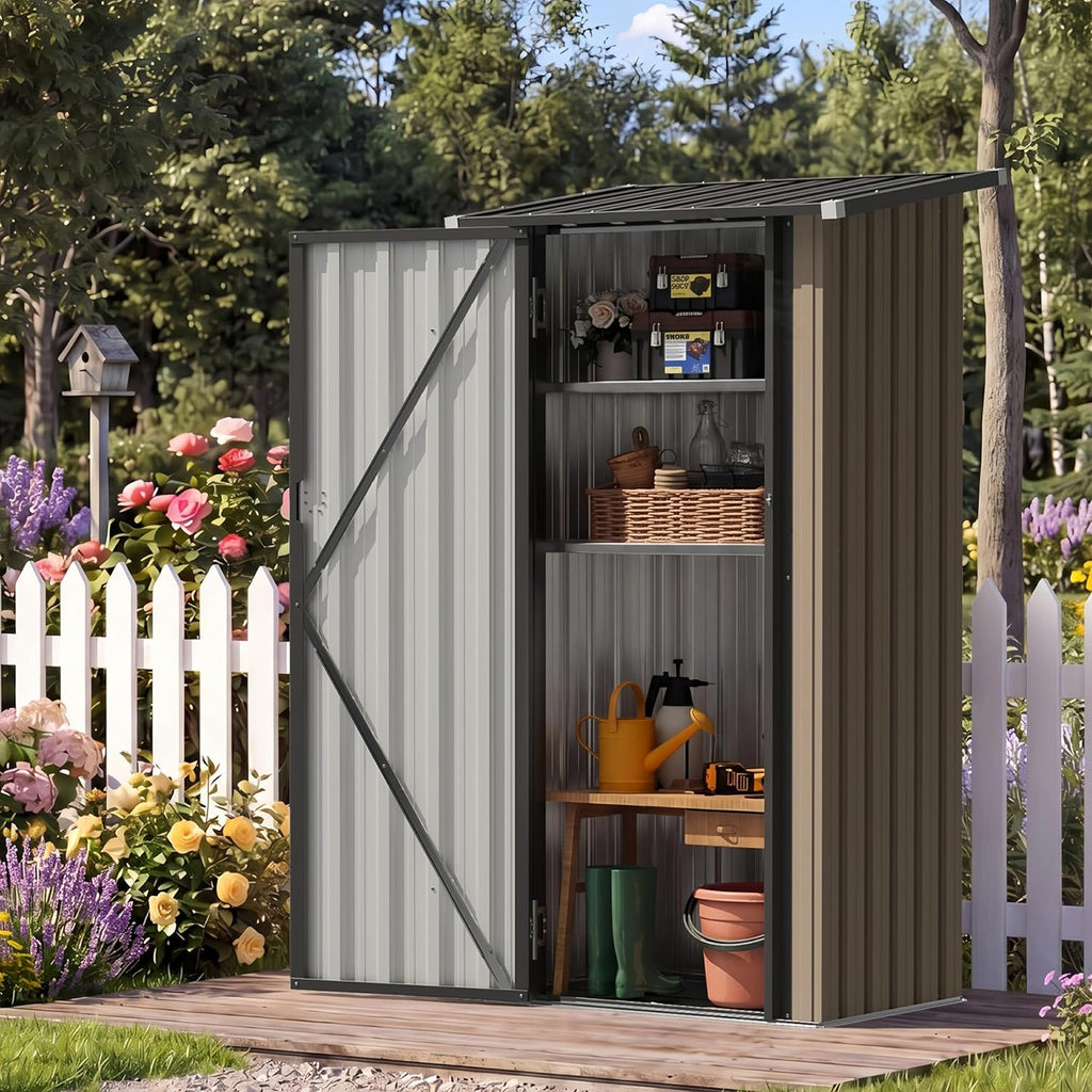 Aoxun Outdoor Storage Shed with Floor - Vertical Cabinet, 3x3 FT Metal Shed with 2 Adjustable Shelves & Lockable Doors Waterproof Tools Shed for Backyard, Garden, Patio, Lawn (Brown)