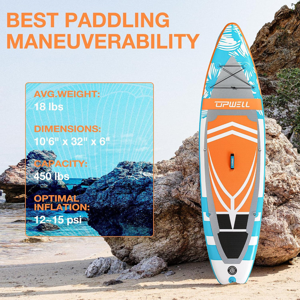 UPWELL 10'6'/11'/11'6' Inflatable Paddle Board, Stand Up Paddlboard for Youth & Adults, Stable Design, Premium SUP Accessories, Backpack, Leash, Hand Pump, Fins