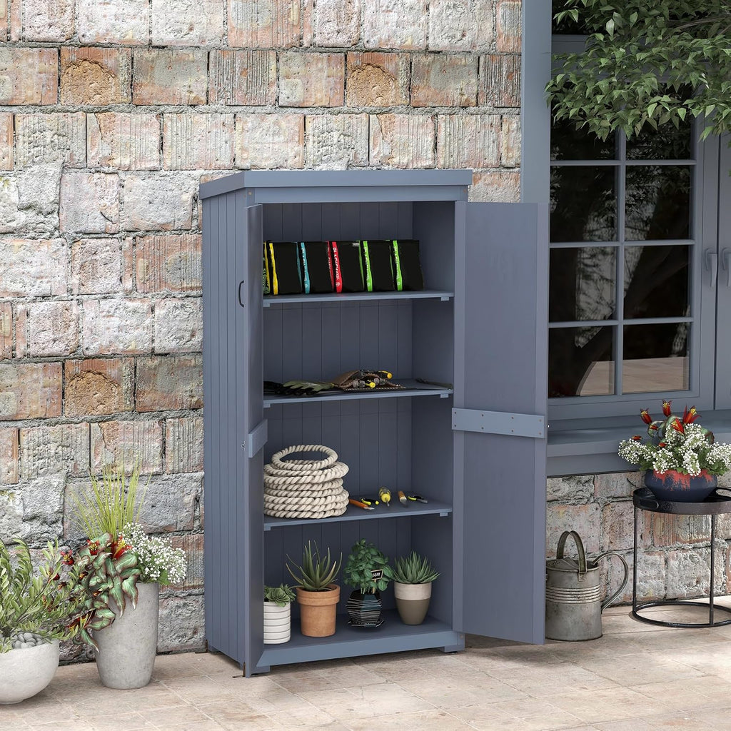 Outsunny Wooden Garden Shed, Outdoor Storage Cabinet with Waterproof Galvanized Metal Roof, Narrow Tool Shed with 3 Shelves and Lockable Door, Gray