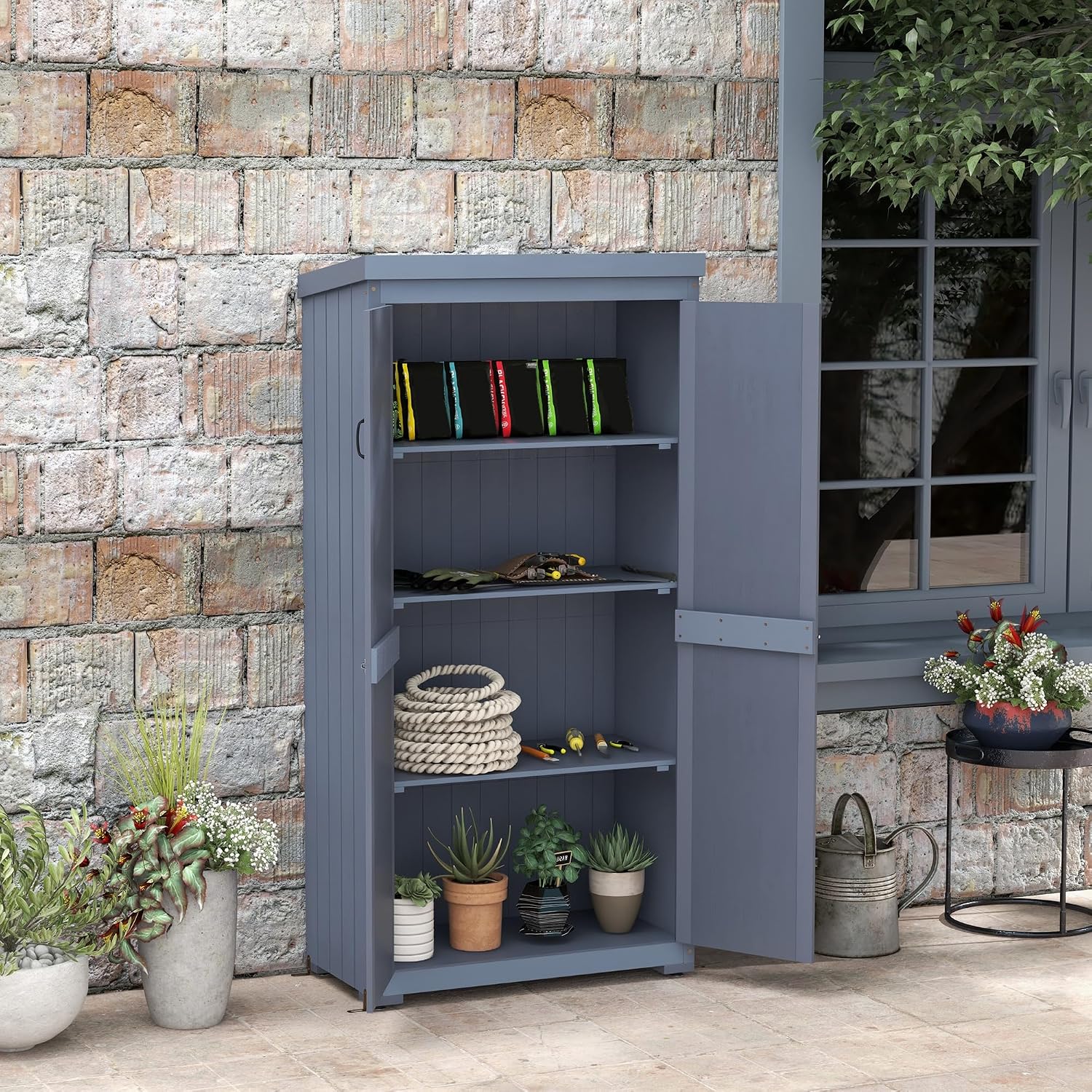 Outsunny Wooden Garden Shed, Outdoor Storage Cabinet with Waterproof Galvanized Metal Roof, Narrow Tool Shed with 3 Shelves and Lockable Door, Gray