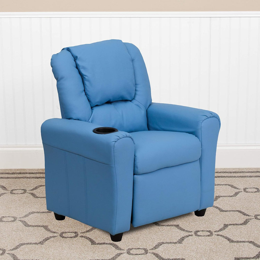 Flash Furniture Vana Vinyl Kids Recliner with Cup Holder, Headrest, and Safety Recline, Contemporary Reclining Chair for Kids, Supports up to 90 lbs., Light Blue