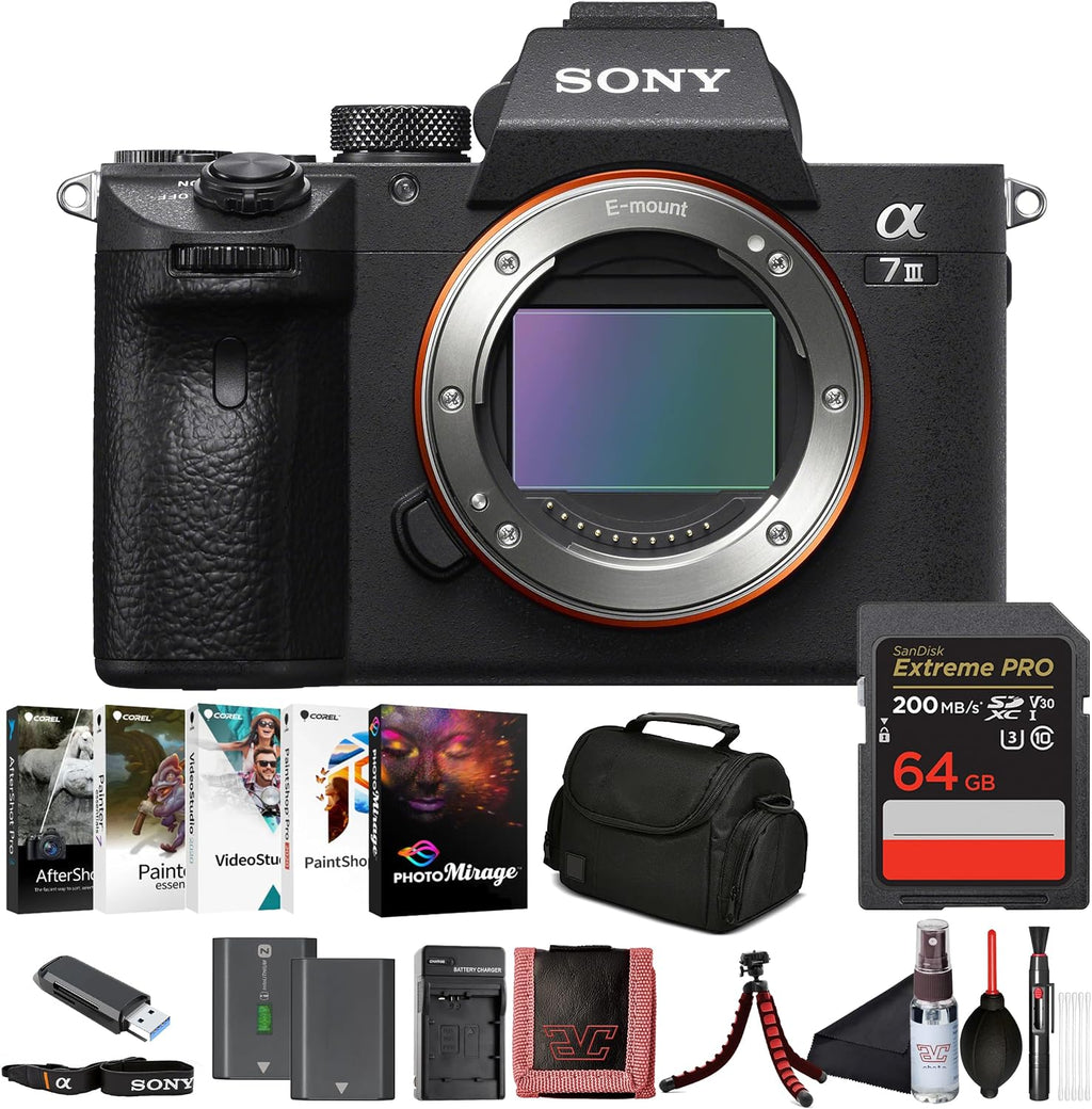 Sony α7 III Full-Frame Mirrorless Camera Body (ILCE-7M3/B) – 24.2 MP BSI Sensor, 4K HDR Video | 64GB Memory Card, NP-FZ-100 Battery, Photo Software, External Charger and More