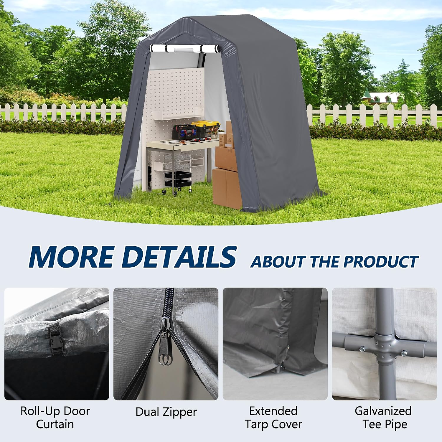 COVERONICS 6' x 7' Outdoor Storage Shed - Heavy Duty Portable Shelter Carport with Ventilation Windows and Roll-up Doors, Storage Shelter Tent for Motorcycle, Bike, Lawnmower and Garden Tools, Grey