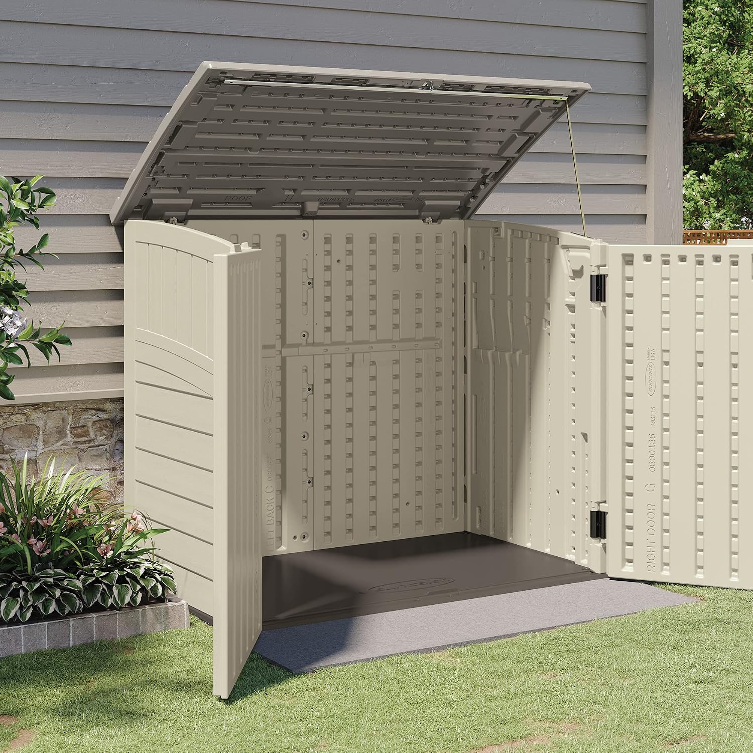 Suncast 2 Pack 34 Cu Ft Capacity Horizontal Outdoor Storage Shed for Garbage Cans, Garden Accessories, Backyard, and Patio Use, Vanilla
