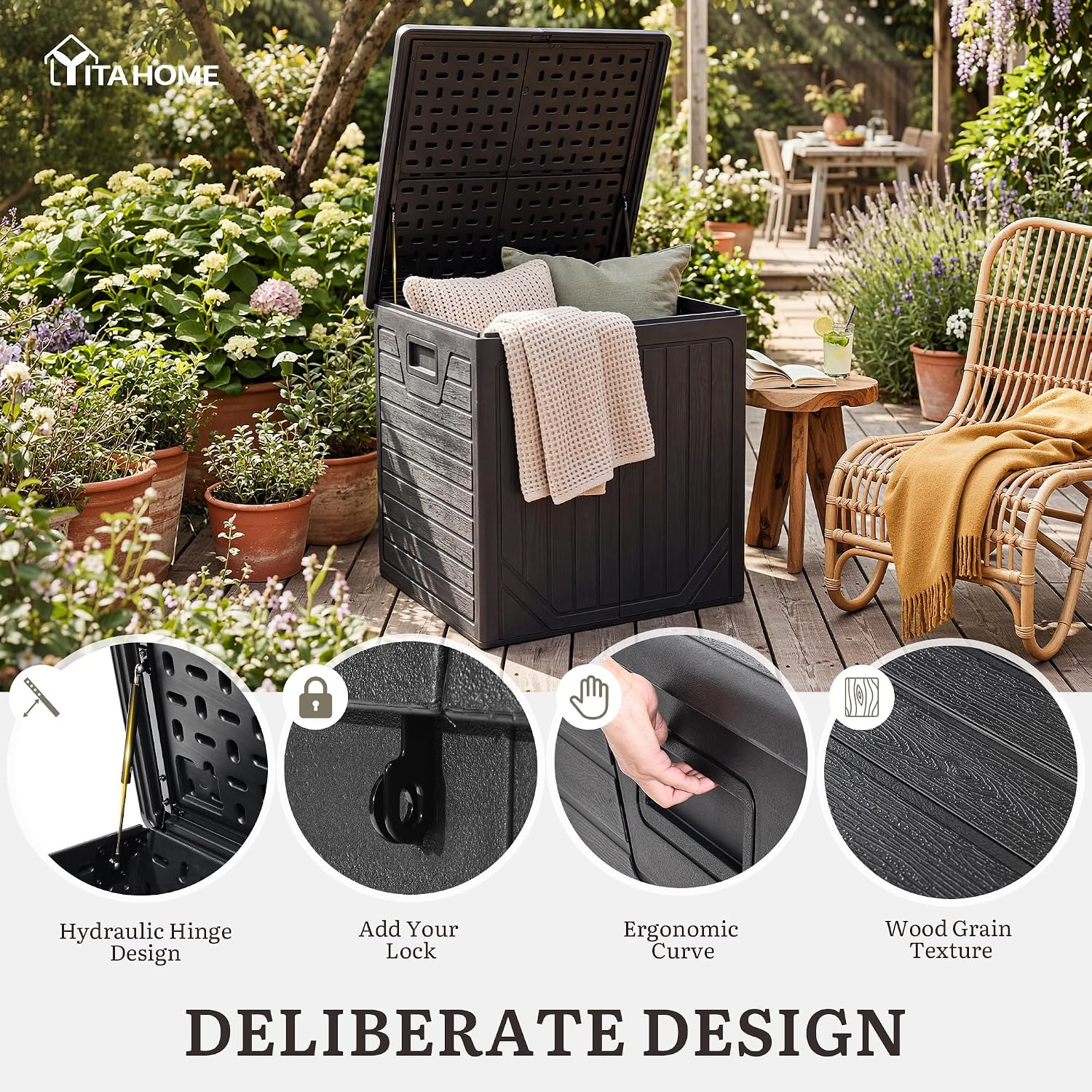 YITAHOME 150 Gallon Large Outdoor Deck Box, Lockable Resin Storage Box and Waterproof Patio Furniture Bin for Garden Tools & Pool Accessories, Black