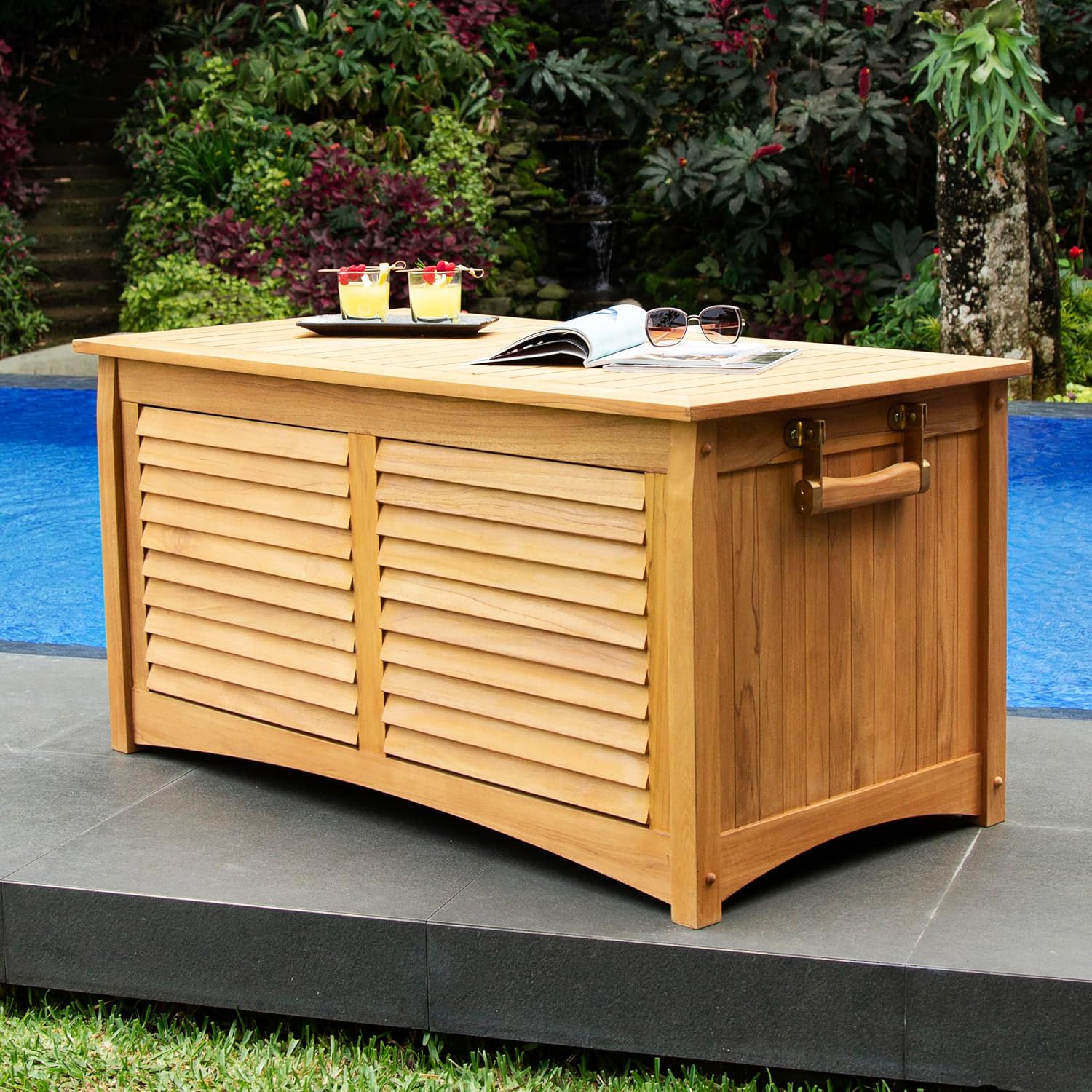 Cambridge Casual Arie Teak Outdoor Deck Storage Box with Waterproof Cover – 130 Gallon Wooden Patio Storage