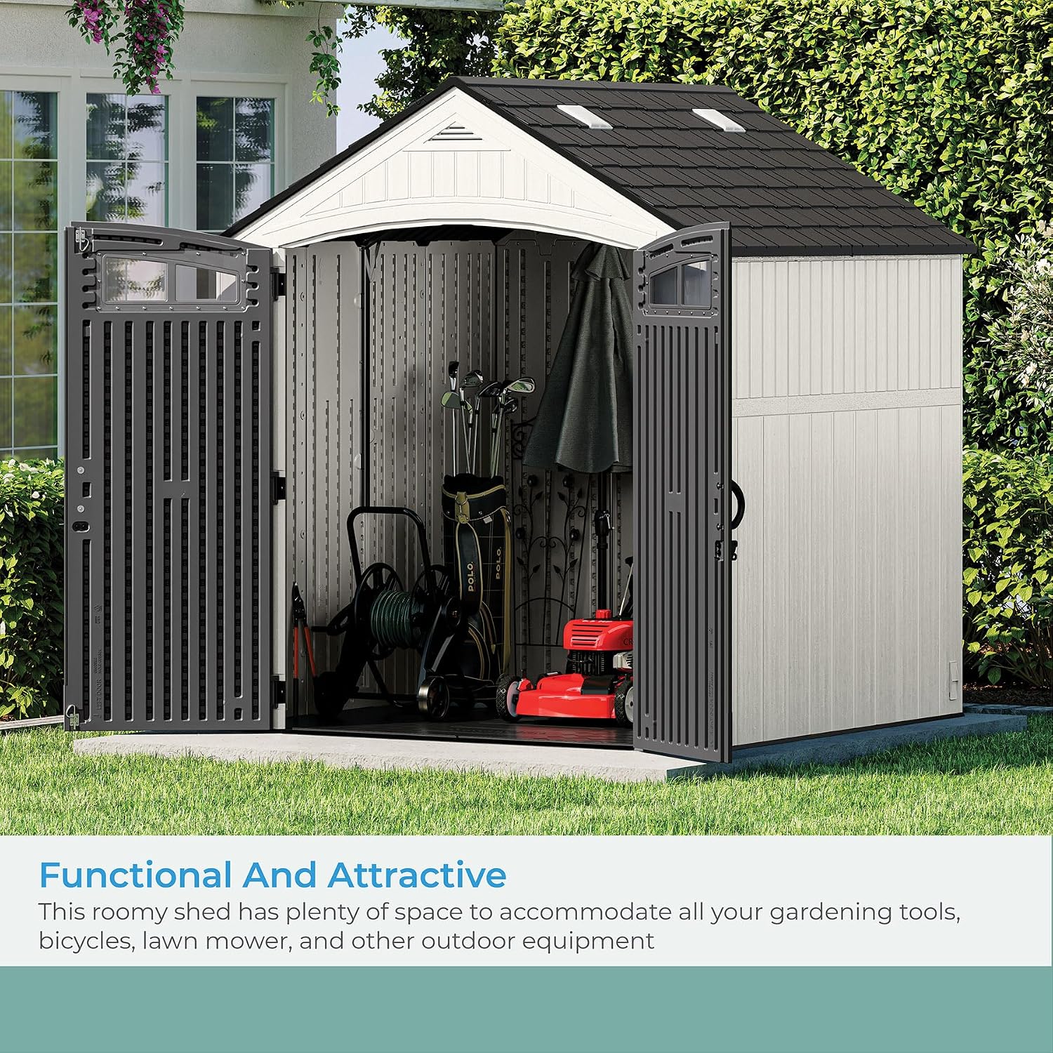 Suncast Ridgeland All-Weather Outdoor 7' x 7' Storage Shed with 327 cu. ft. Capacity, 2 Lockable Double Doors, Windows, Skylights, and Reinforced Resin Floor, Made in The USA