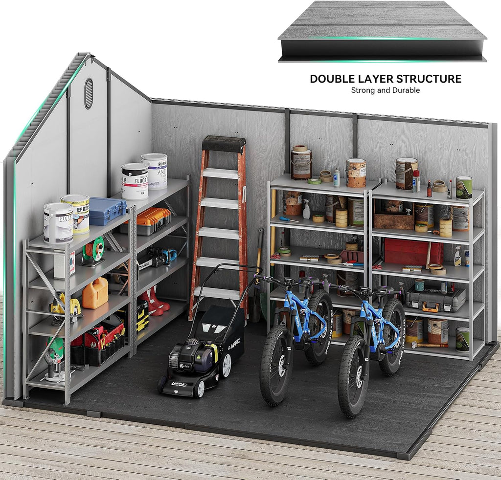YITAHOME 8x10ft Outdoor Plastic Storage Shed with Floor, Extra Thick Waterproof Garden Shed with Lockable Door, Oval Vision Windows &Vents, 16mm Heavy Duty Tool Storage for Patio, Lawn, Gray