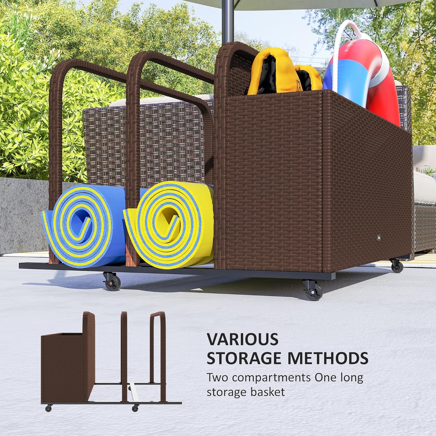 Outsunny Wicker Patio Pool Float Storage Basket, PE Rattan Outdoor Pool Caddy with Rolling Wheels for Floaties, Noodles, Life Vests, Beach Balls, Garden Furniture, Brown