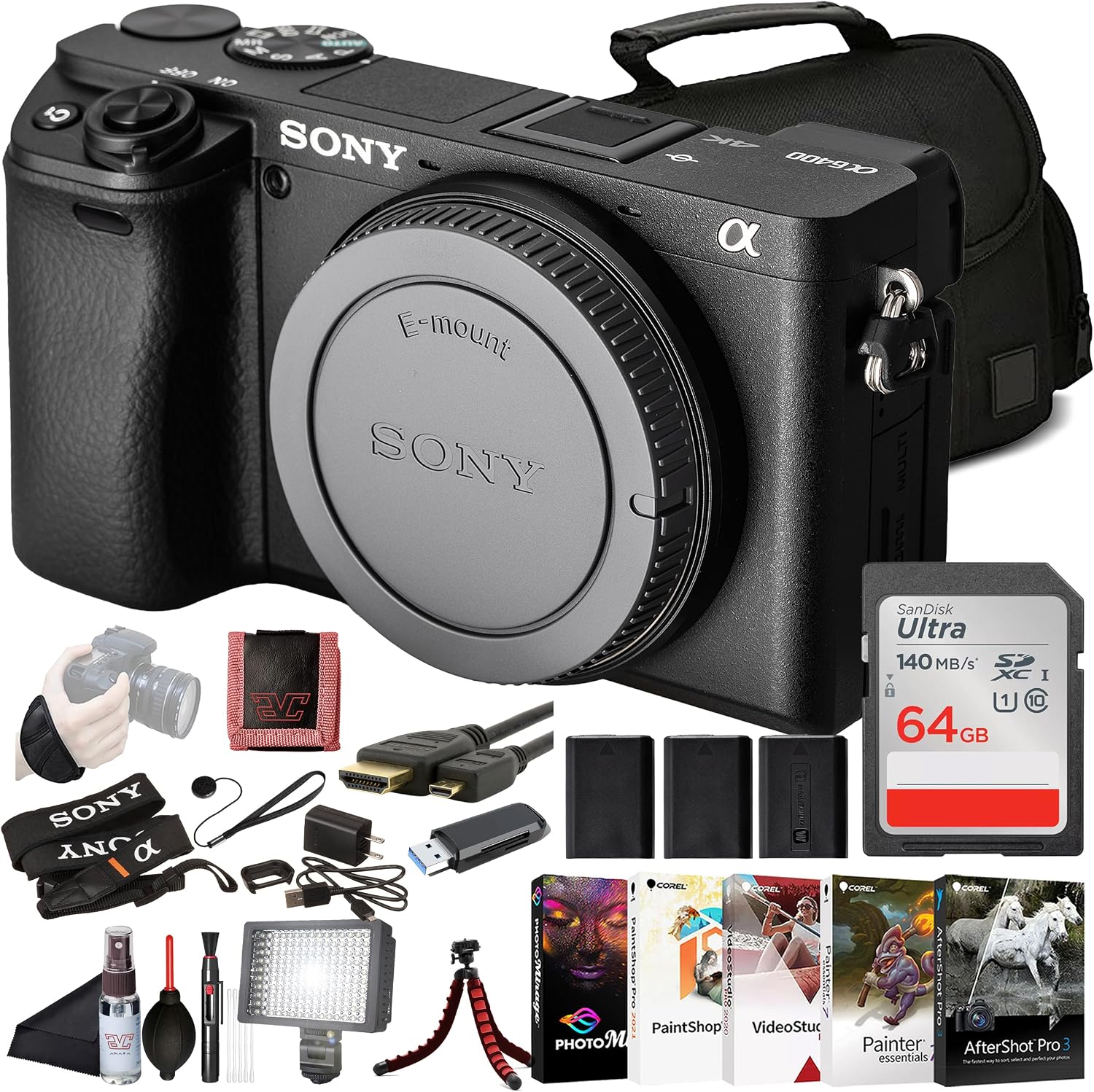 Sony α6400 APS-C Mirrorless Camera (ILCE-6400/B) – Real-Time Eye AF, 11 fps, 4K, Flip-Up Screen, Lightweight, Vlog-Friendly | 64GB Card, 2 x NPF-W50 Battery, Card Reader, LED Light and More