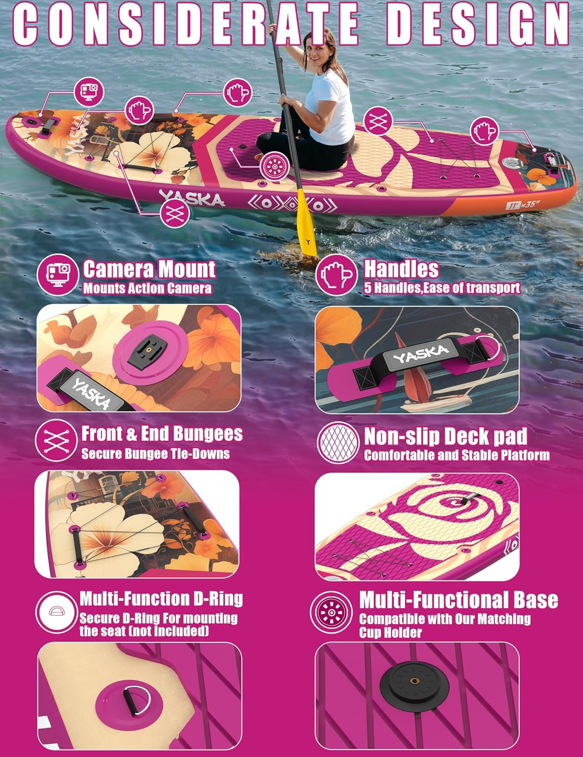 YASKA Inflatable Stand up Paddle Board 11ft with Premium SUP Accessories,Extra Wide Design Non-Slip Paddleboard for Beginner Adults Advenor Yoga Fishing