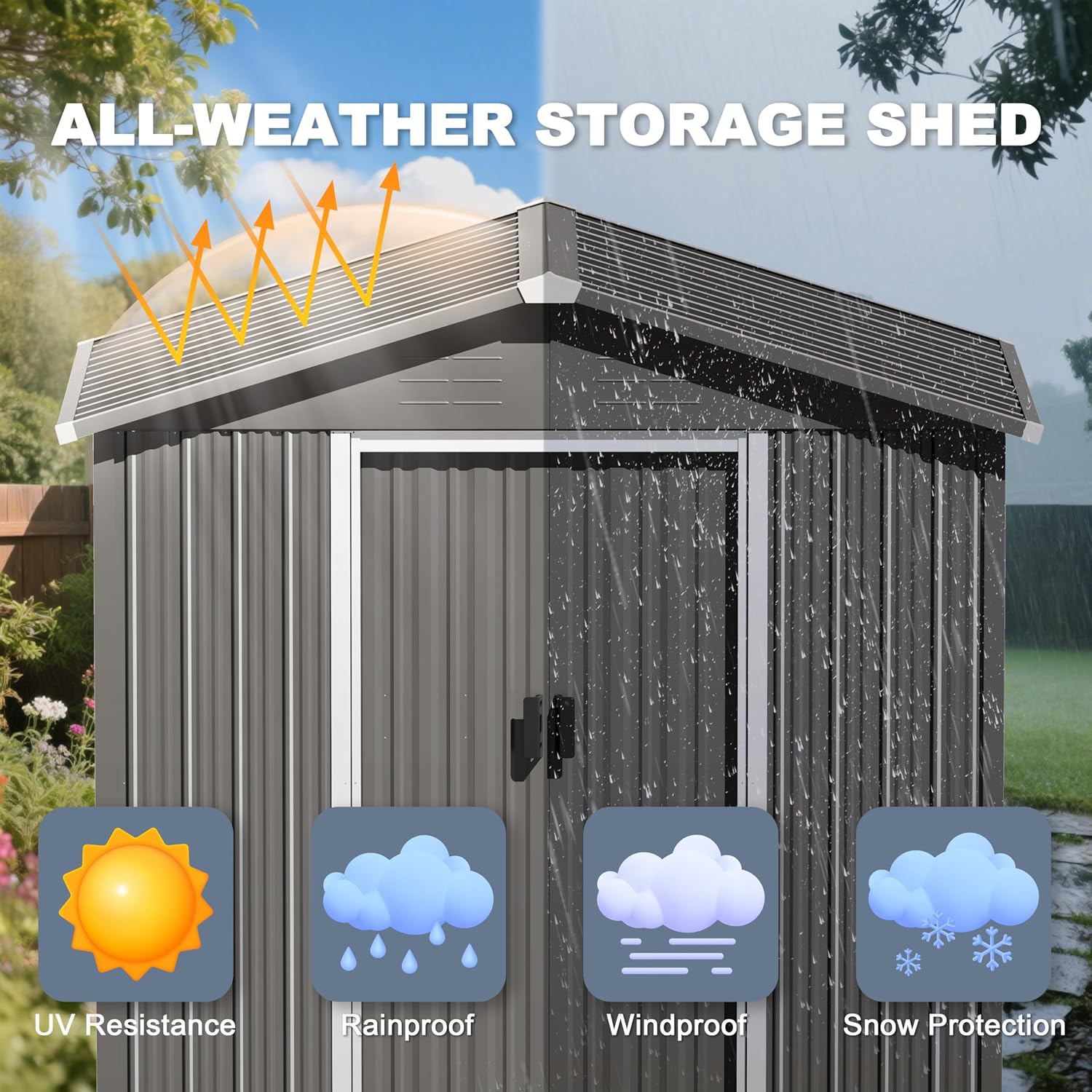 Nuu Garden 6 x 4 FT Outdoor Storage Shed with Sliding Doors, Galvanized Metal Garden Storage Shed with Sloping Roof, Rust-Resistant Backyard Tool Shed with Air Vents for Patio, Lawn, Gray