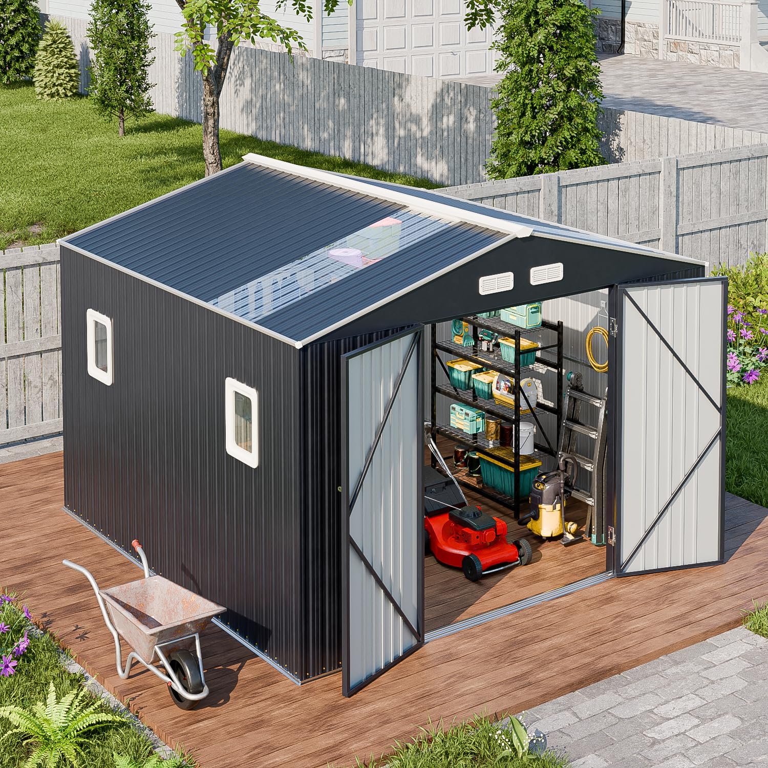 WACASA 10x10 FT Metal Shed with Base Frame Floor Kit | Heavy-Duty Military-Grade 20-Gauge Reinforced Frame with Powder Coating | 50 PSF Snow Load & 120 MPH Wind Rated | Skylight Tiny House Building