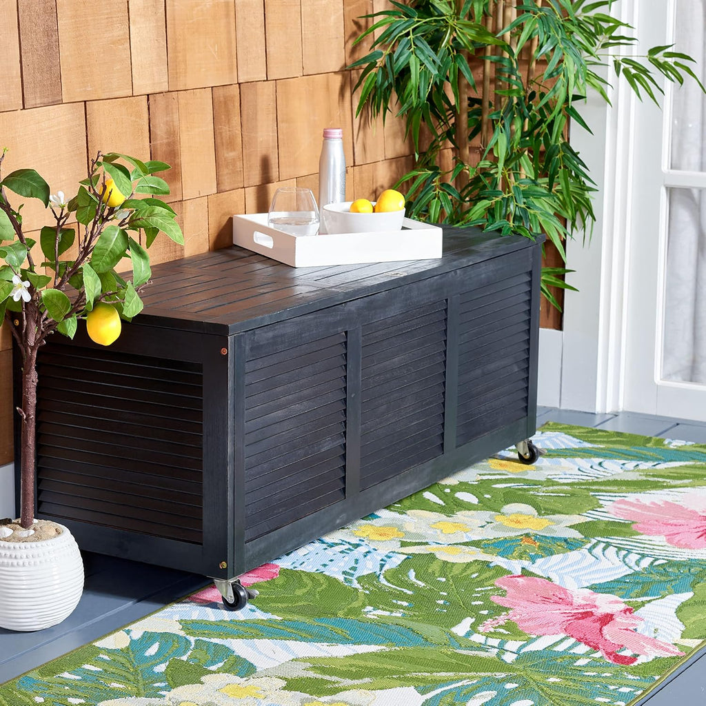 SAFAVIEH Outdoor - Elina Cushion Storage Box - Black Solid Wood - Coastal Resort Storage Bench Design - Ideal for Patio, Deck, Porch, Backyard, 18'W x 47'D x 19'H (PAT7038D)