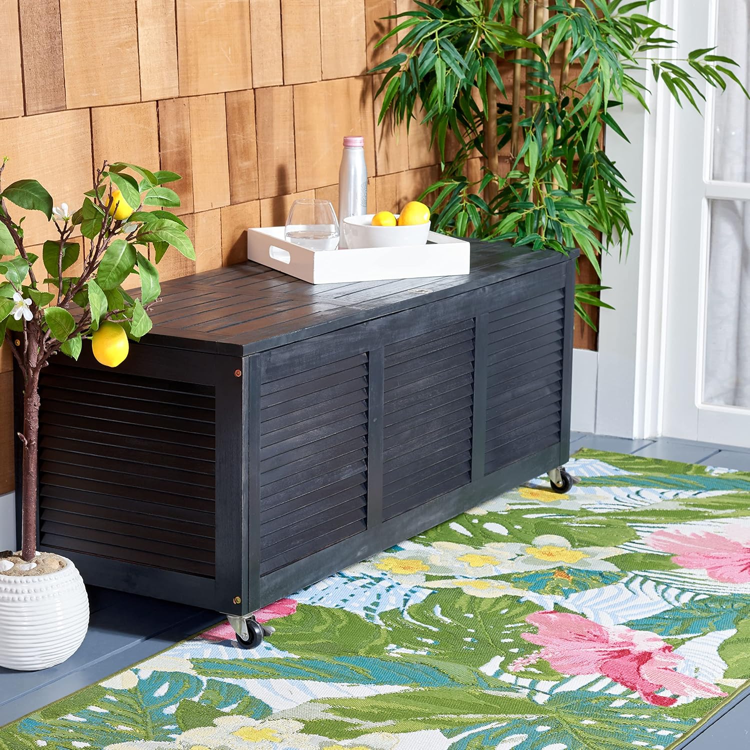 SAFAVIEH Outdoor - Elina Cushion Storage Box - Black Solid Wood - Coastal Resort Storage Bench Design - Ideal for Patio, Deck, Porch, Backyard, 18'W x 47'D x 19'H (PAT7038D)