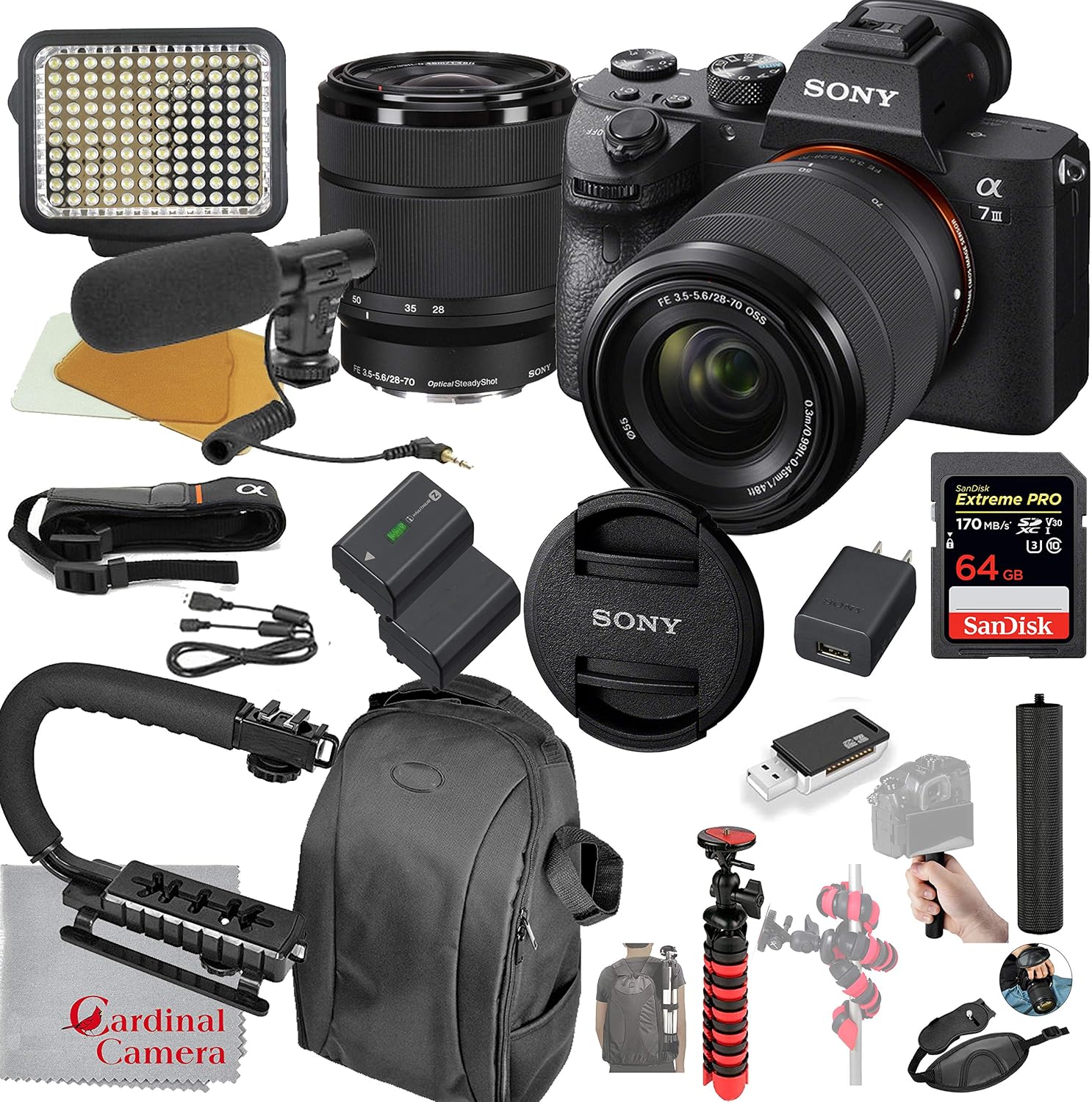Sony Alpha a7 III Mirrorless Digital SLR Camera with 28-70mm Lens Kit Video Bundle + LED Video Light + Microphone + Extreme Speed 64GB Memory(20pc Bundle), ILCE7M3K/B