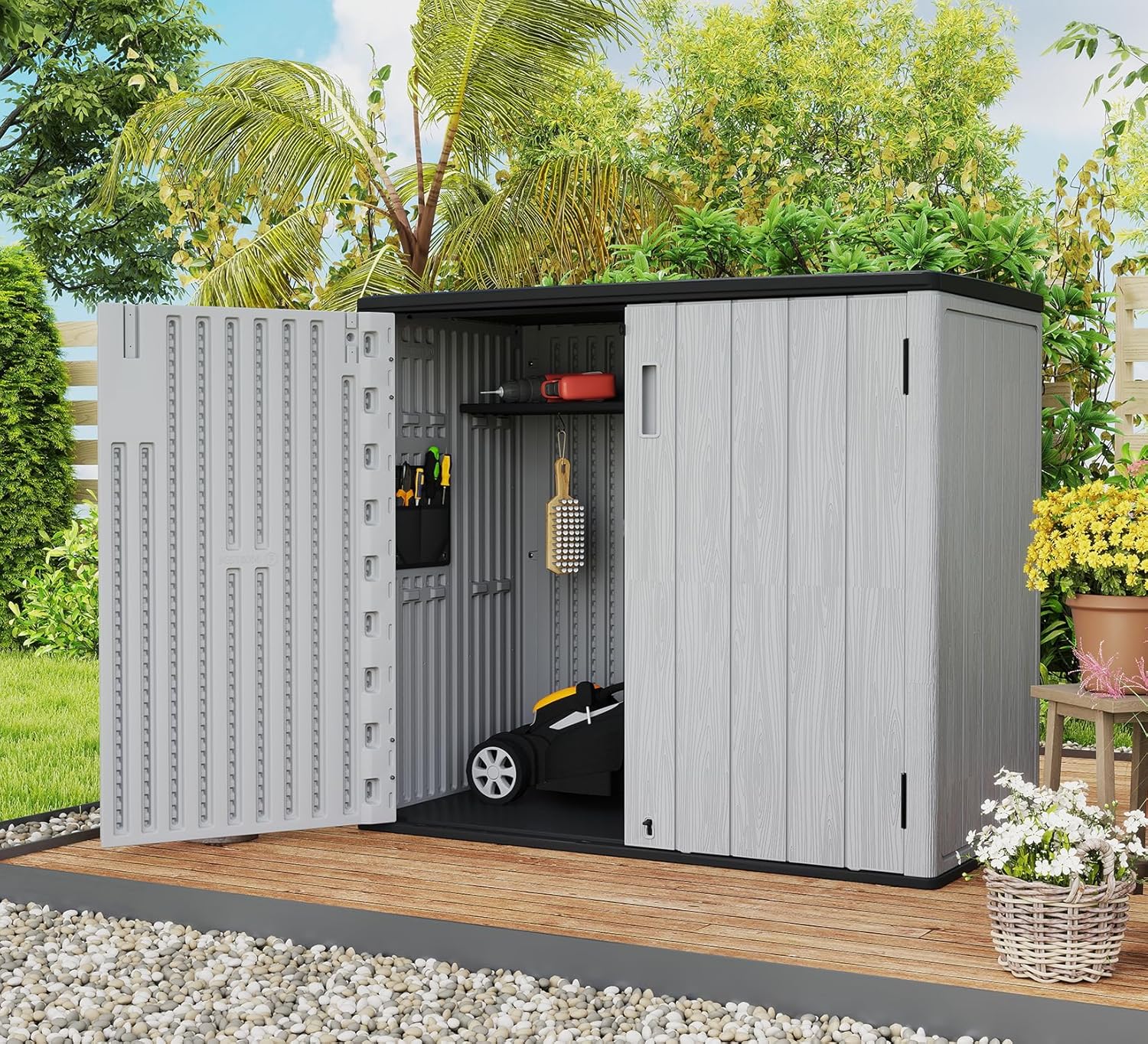 ZZM 37 Cu.ft Outdoor Storage Shed with Floor HDPE Double-Wall Resin Sheds Outdoor Storage, Lockable Weatherproof Storage Cabinet Fit for Garden Tools, Garage can, Bike, Patio Furniture, Grey