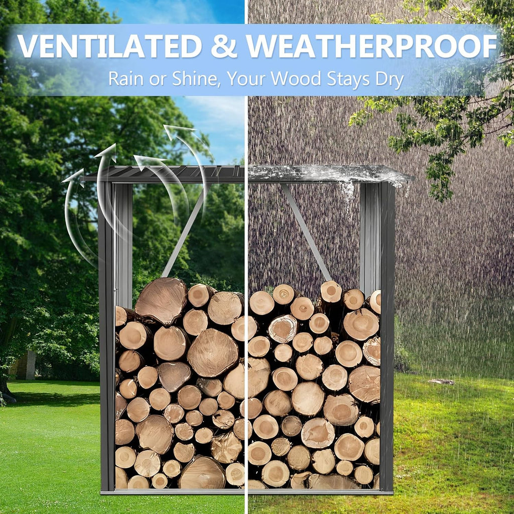 3' x5' Firewood Rack Outdoor, Metal Fire Wood Racks with Weatherproof Sloped Roof - Heavy Duty Galvanized Steel Log Rack, Open Wood Shed for Fireplace, Firewood, Pellet, or Lumber Storage - Black