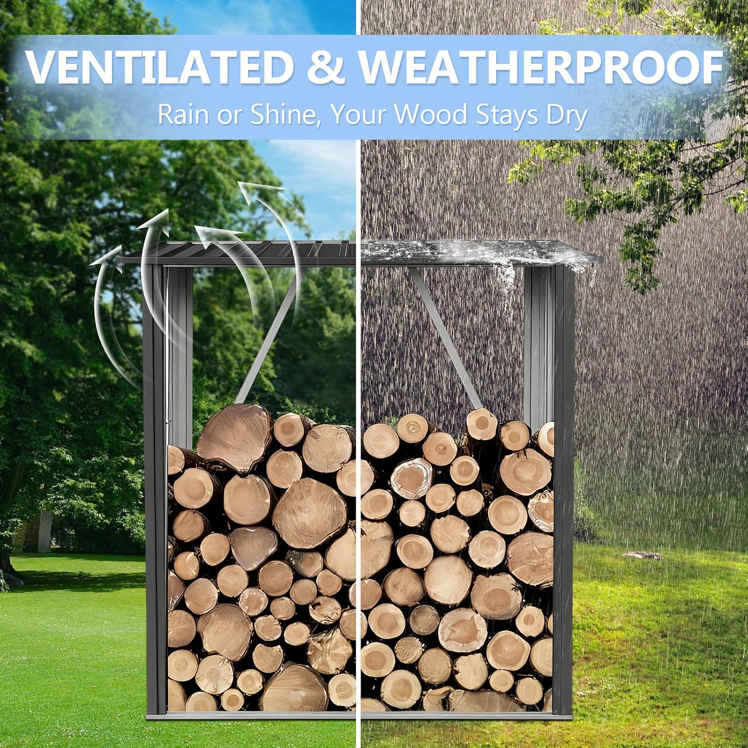3' x5' Firewood Rack Outdoor, Metal Fire Wood Racks with Weatherproof Sloped Roof - Heavy Duty Galvanized Steel Log Rack, Open Wood Shed for Fireplace, Firewood, Pellet, or Lumber Storage - Black