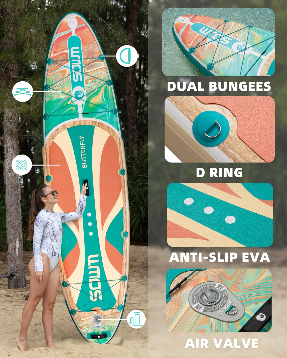 11'*33'/34' Inflatable Stand Up Paddle Board for Beginners,400/420lbs Capacity, Anti-Slip EVA Deck, Includes Adjustable Paddle, Pump, Backpack & SUP Accessories for Surfing, Fishing, Yoga & More