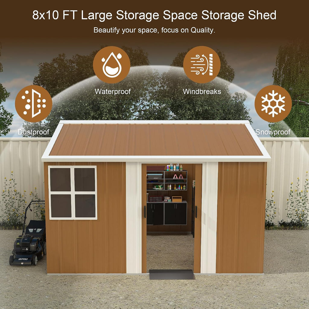 8x10 FT Heavy-Duty Metal Tool Shed with Windows, Lockable Door & Ventilation, Weatherproof Outdoor Garden Storage Shed for Backyard, Lawn, and Tool Organization, Brown