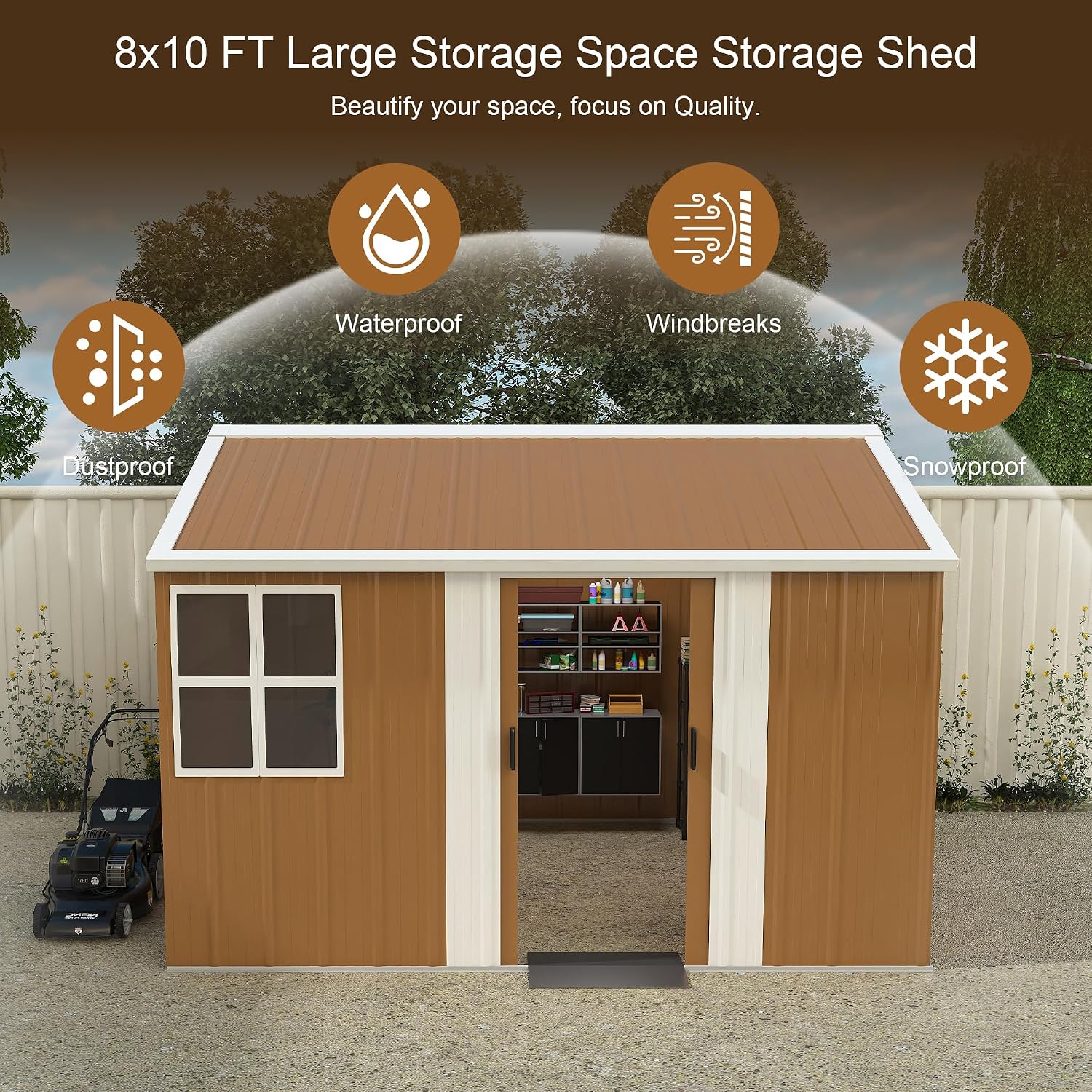8x10 FT Heavy-Duty Metal Tool Shed with Windows, Lockable Door & Ventilation, Weatherproof Outdoor Garden Storage Shed for Backyard, Lawn, and Tool Organization, Brown