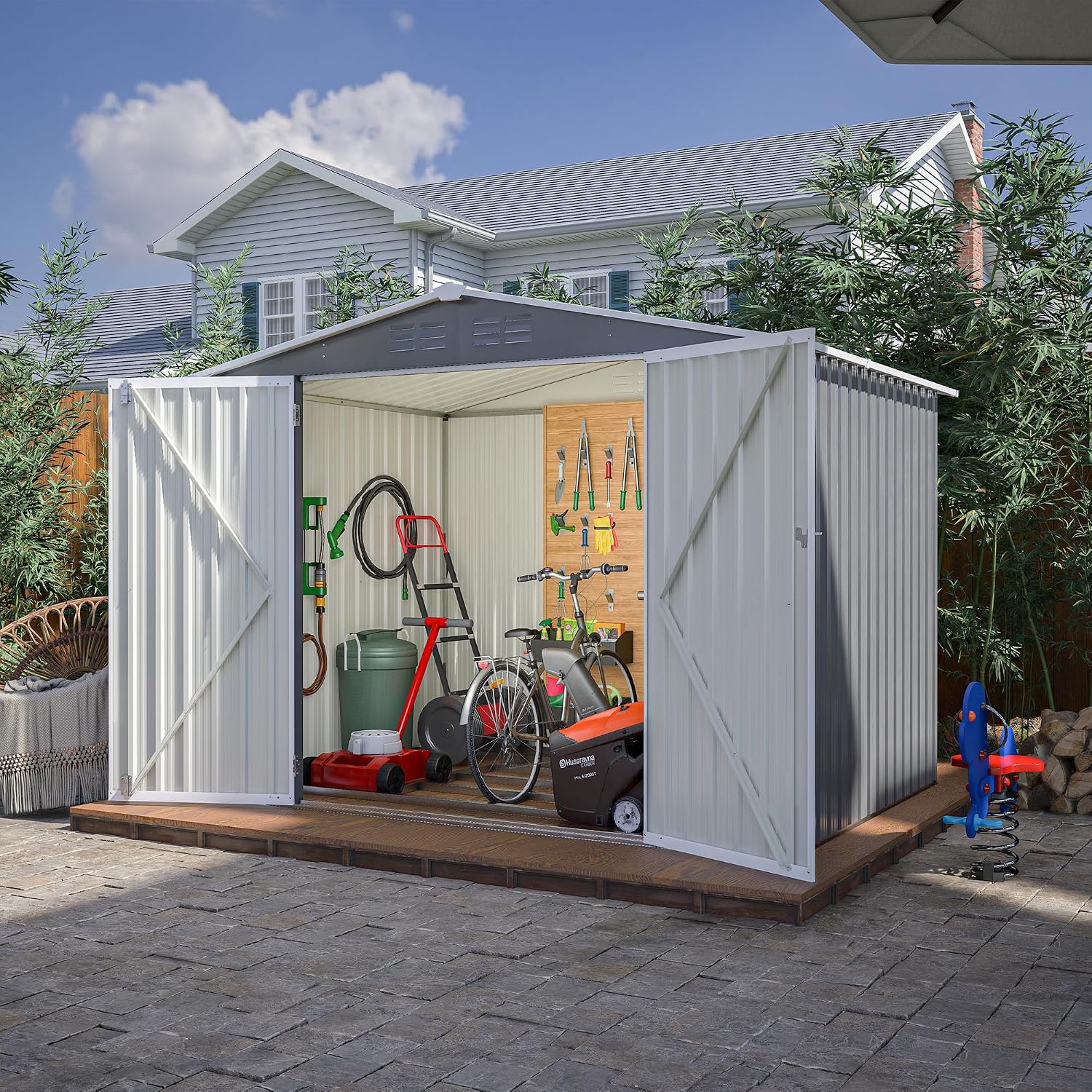6x8 FT Outdoor Storage Shed, Metal Garden Shed with Frame Floor, Outside Tool Shed with Lockable Hinged Doors, Waterproof Storage Building with Sloped Roof for Backyard, Patio, Lawn, Gray
