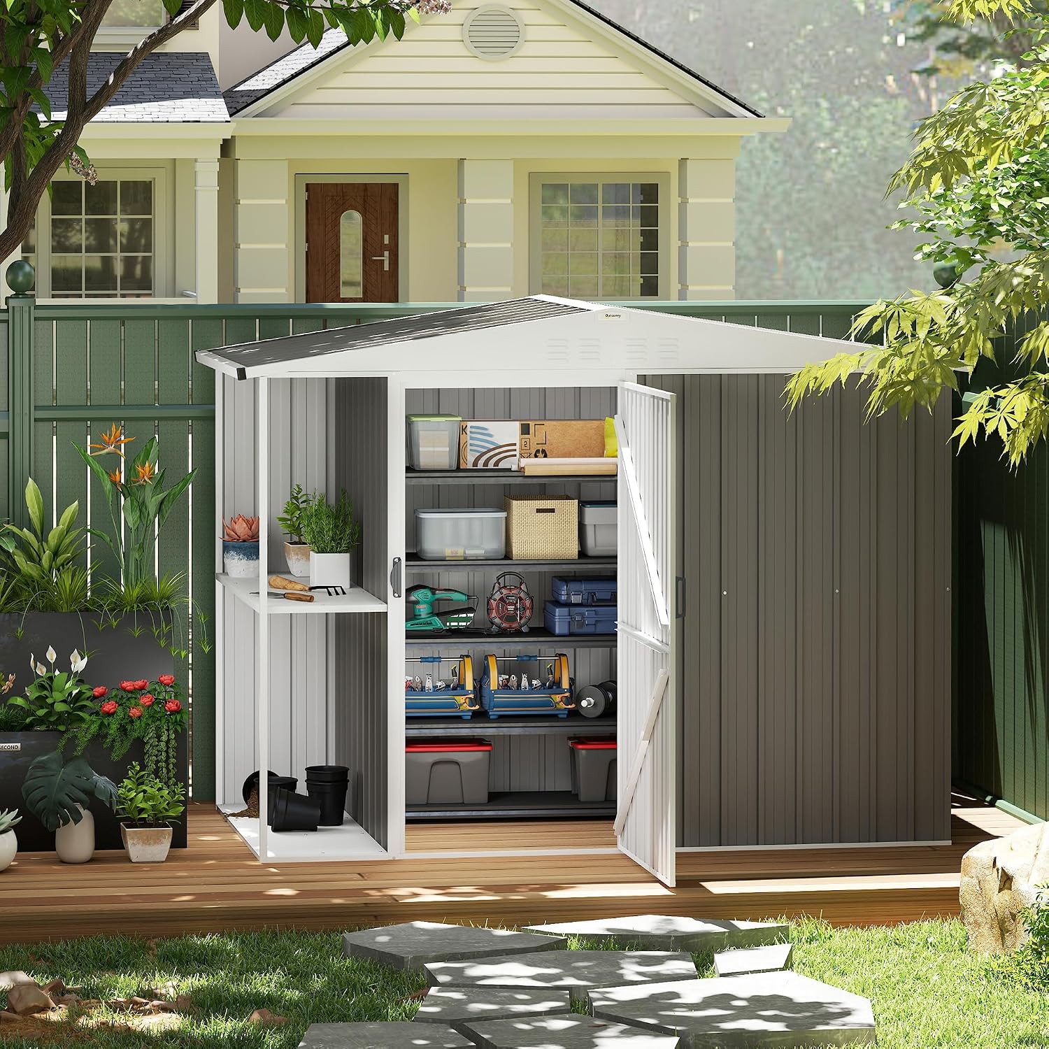 Outsunny 8 x 4ft Outdoor Storage Shed with Lock, 2-Tier Storage Rack, Air Vents, Garden Tool Shed for Backyard, Patio, Lawn, Warm Gray
