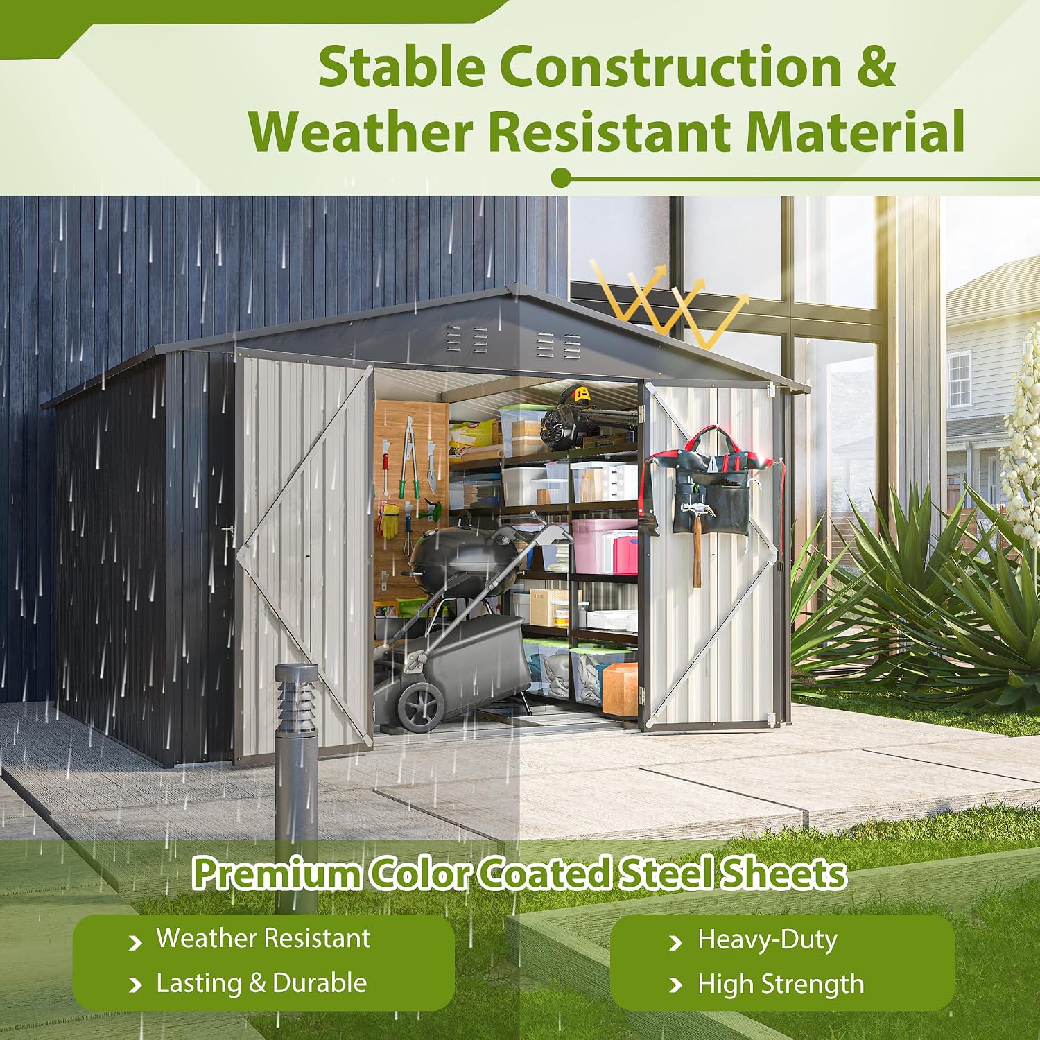 8x10 FT Outdoor Storage Shed, Metal Garden Shed with Frame Floor, Outside Tool Shed with Lockable Hinged Doors, Waterproof Storage Building with Sloped Roof for Backyard, Patio, Lawn, Black