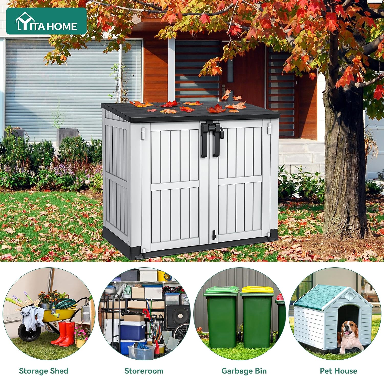 YITAHOME 36 cu ft Resin Outdoor Storage Shed, Weather-Resistant Horizontal Tool Shed, Waterproof Outdoor Storage with Lockable Doors & Air Vent for Trash Cans, Garden Tools (Light Gray)