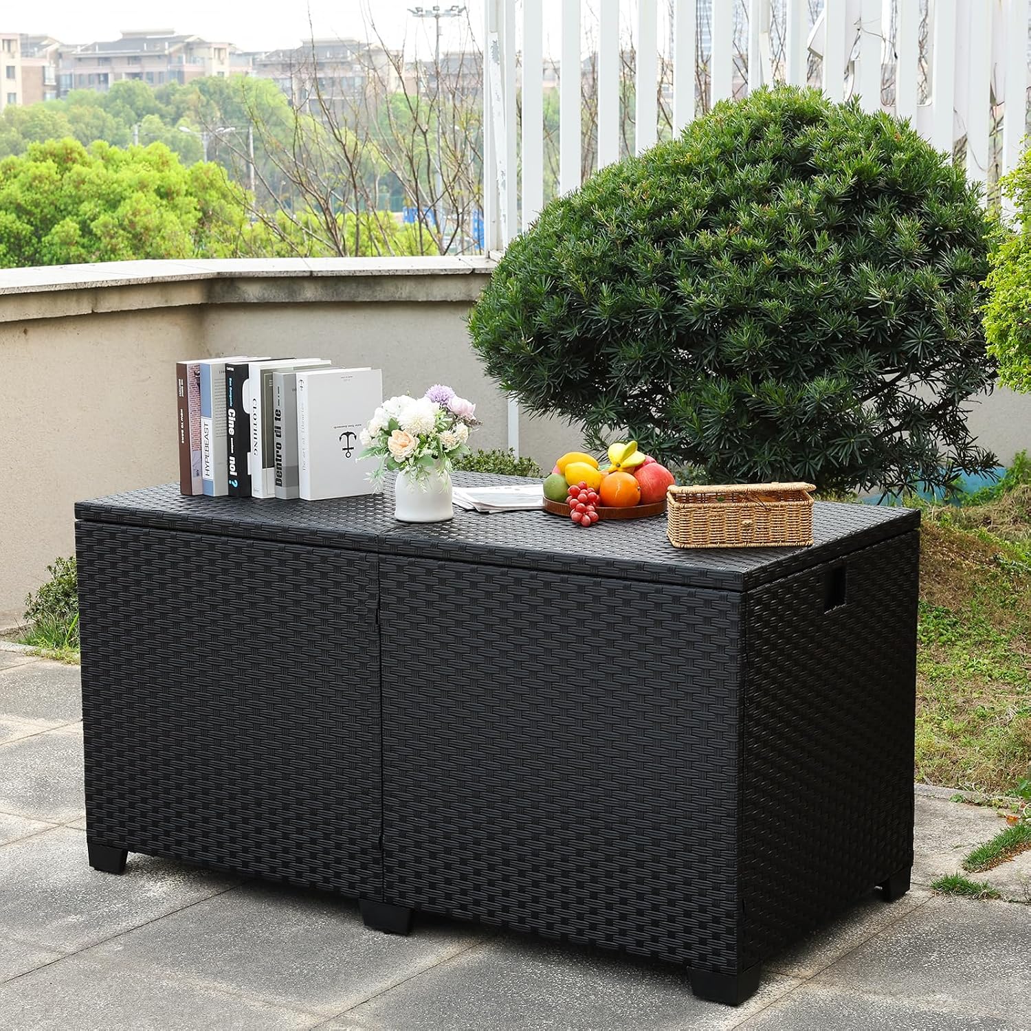 Rattaner 180 Gallon Outdoor Storage Box Large Patio Storage Bin with Waterproof Lining Bag Deck Storage Box and Cushion Storage Bin Outdoor, Black Wicker