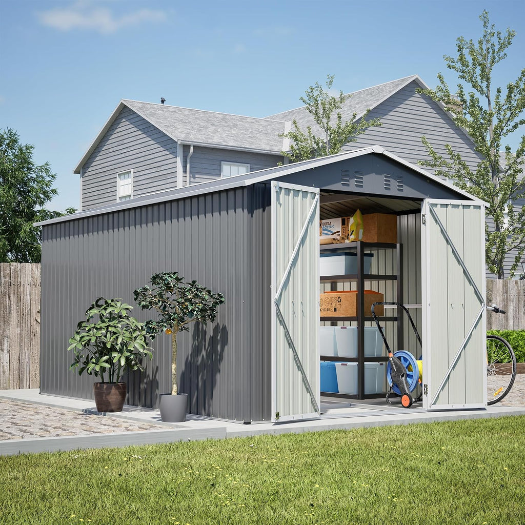 YOPTO 8x12 FT Metal Outdoor Storage Shed,Garden Shed W/ 2 Reversible Lockable Doors & Updated Frame Structure,Outdoor Backyard Tool House W/ 4 Air Vents & Sloped Roof,for Patio,Lawn,Grey