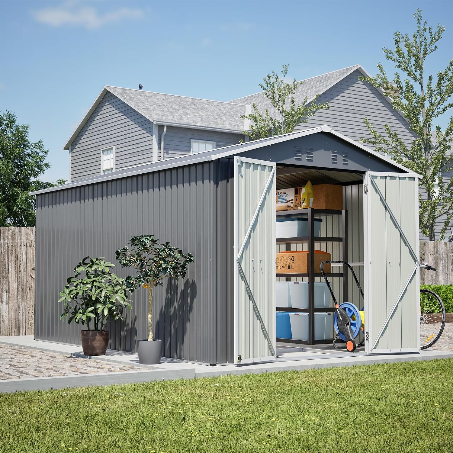 YOPTO 8x12 FT Metal Outdoor Storage Shed,Garden Shed W/ 2 Reversible Lockable Doors & Updated Frame Structure,Outdoor Backyard Tool House W/ 4 Air Vents & Sloped Roof,for Patio,Lawn,Grey
