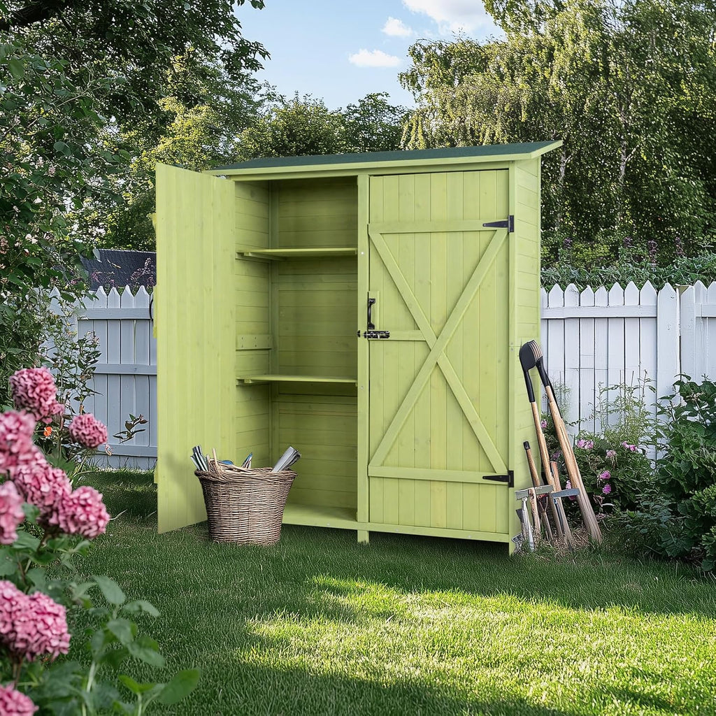 VINGLI Upgraded Outdoor Wooden Storage Shed, Extra Large Garden Shed Outside Tool Cabinet with 2 Safety Latches, Patio Storage Organizer for Garden Yard Lawn Equipment, Light Green