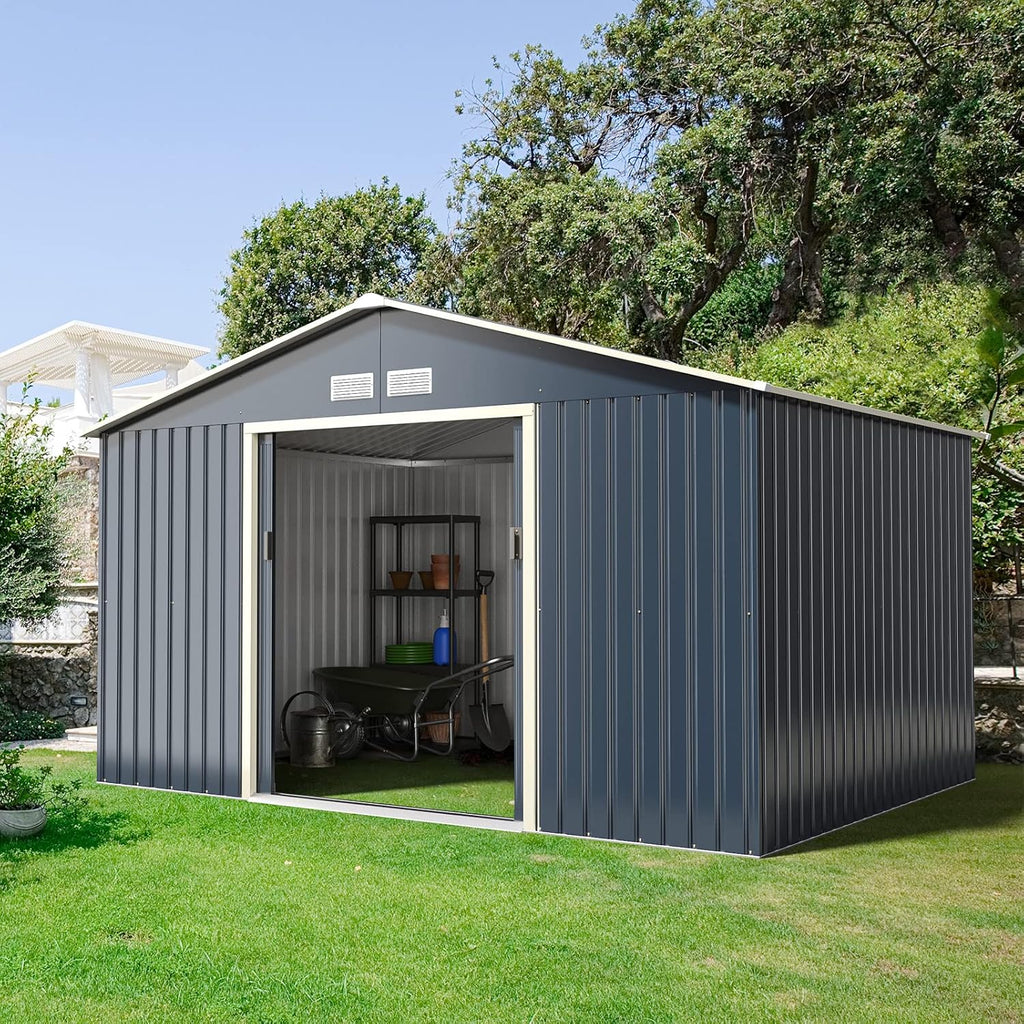 Goplus Outdoor Storage Shed, 11' X 8' Metal Garden Shed with 4 Vents & Double Sliding Door, Utility Tool Shed Storage House for Backyard, Patio, Lawn