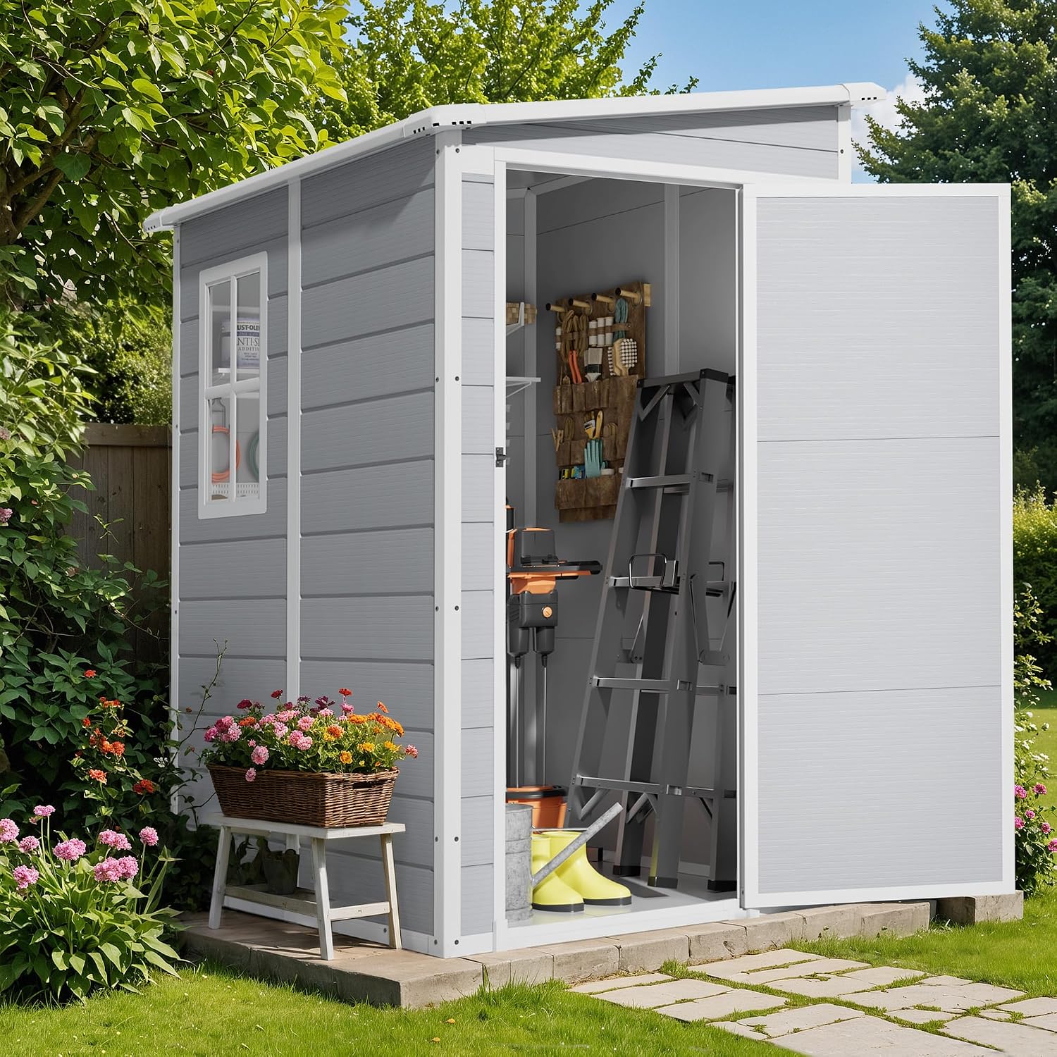 Flamaker 5 x 4 FT Outdoor Storage Shed, Garden Resin Shed with Floor & Windows, Plastic Tool Shed with Lockable Door for Backyard Patio Lawn Pool, Light Gray