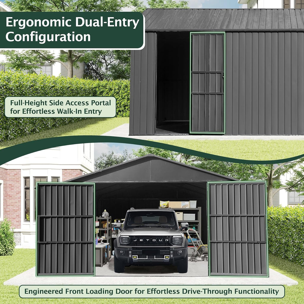 Domi 12'x15' Outdoor Metal Garage Shed, Weatherproof Enclosed Carport with Sidewalls & 2 Lockable Doors, Backyard Storage Shed for Car, Bike, Motorcycle, Lawn Mower, 80MPH Wind Resistance, Dark Grey