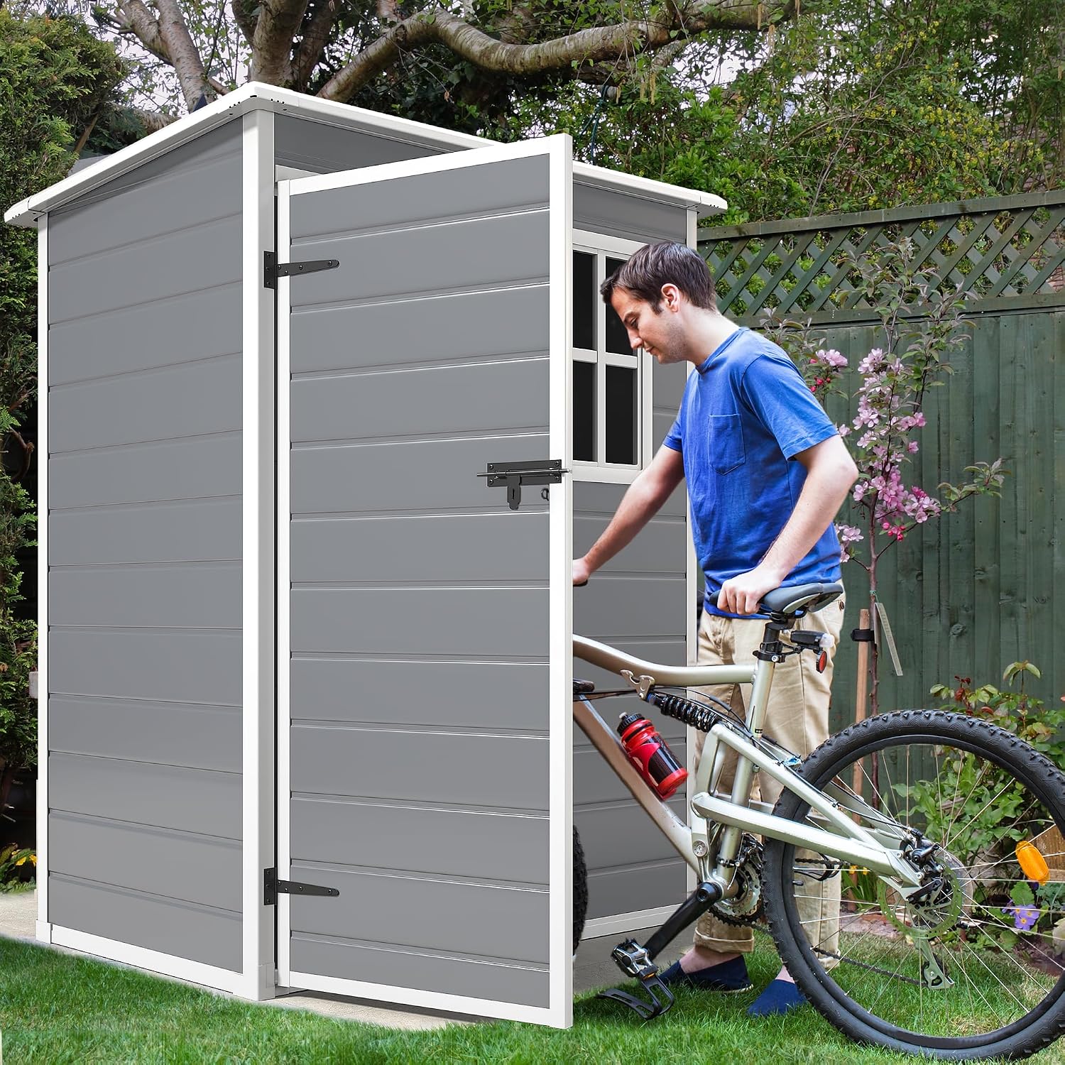 DWVO 5x3 FT Outdoor Storage Shed with Reinforced Floor, All-Weather Resin Storage Shed with Lockable Door & Window, Waterproof Plastic Tool Storage for Garden, Backyard, Patio, Lawn, Gray