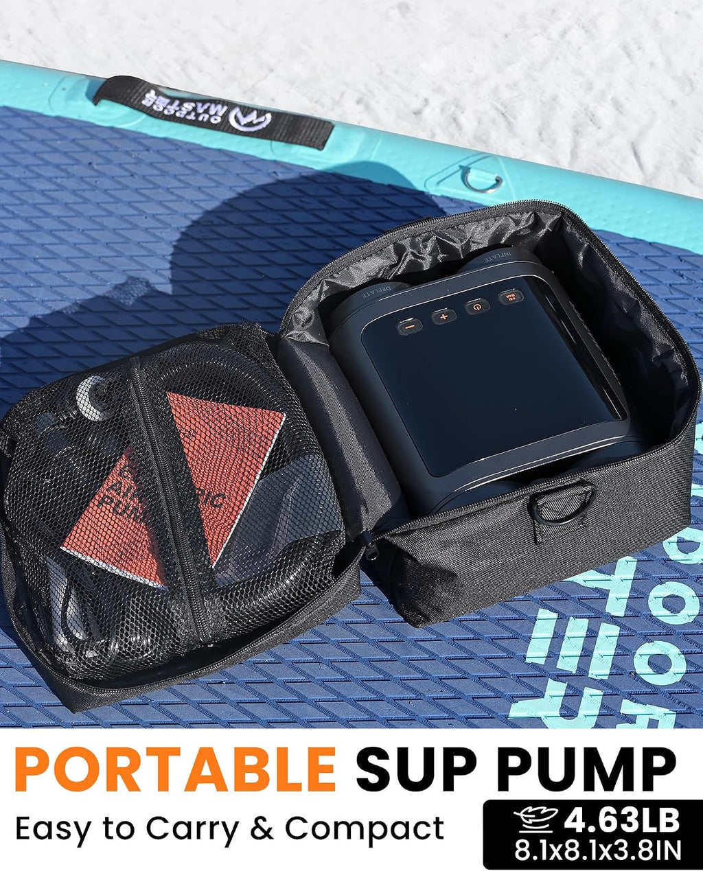 OutdoorMaster Vortex Pro 57.7Wh Rechargeable Paddle Board Pump Portable, Electric SUP Pump Battery for 3 SUPs Inflation & Deflation, Max 20PSI 12V/15.8V DC & Type-C Input, 8 Nozzles for Inflatables