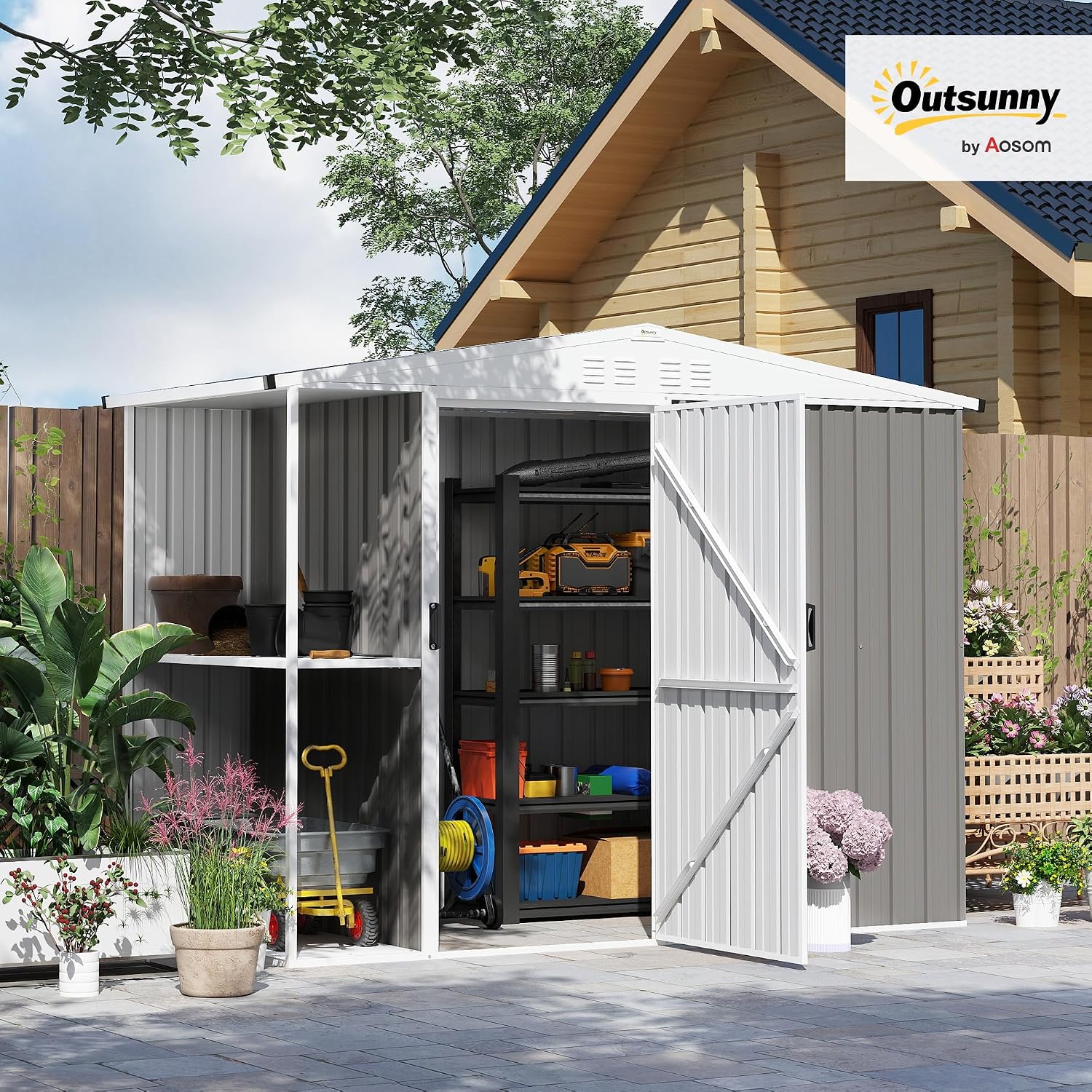 Outsunny 8 x 4ft Outdoor Storage Shed with Lock, 2-Tier Storage Rack, Air Vents, Garden Tool Shed for Backyard, Patio, Lawn, Warm Gray