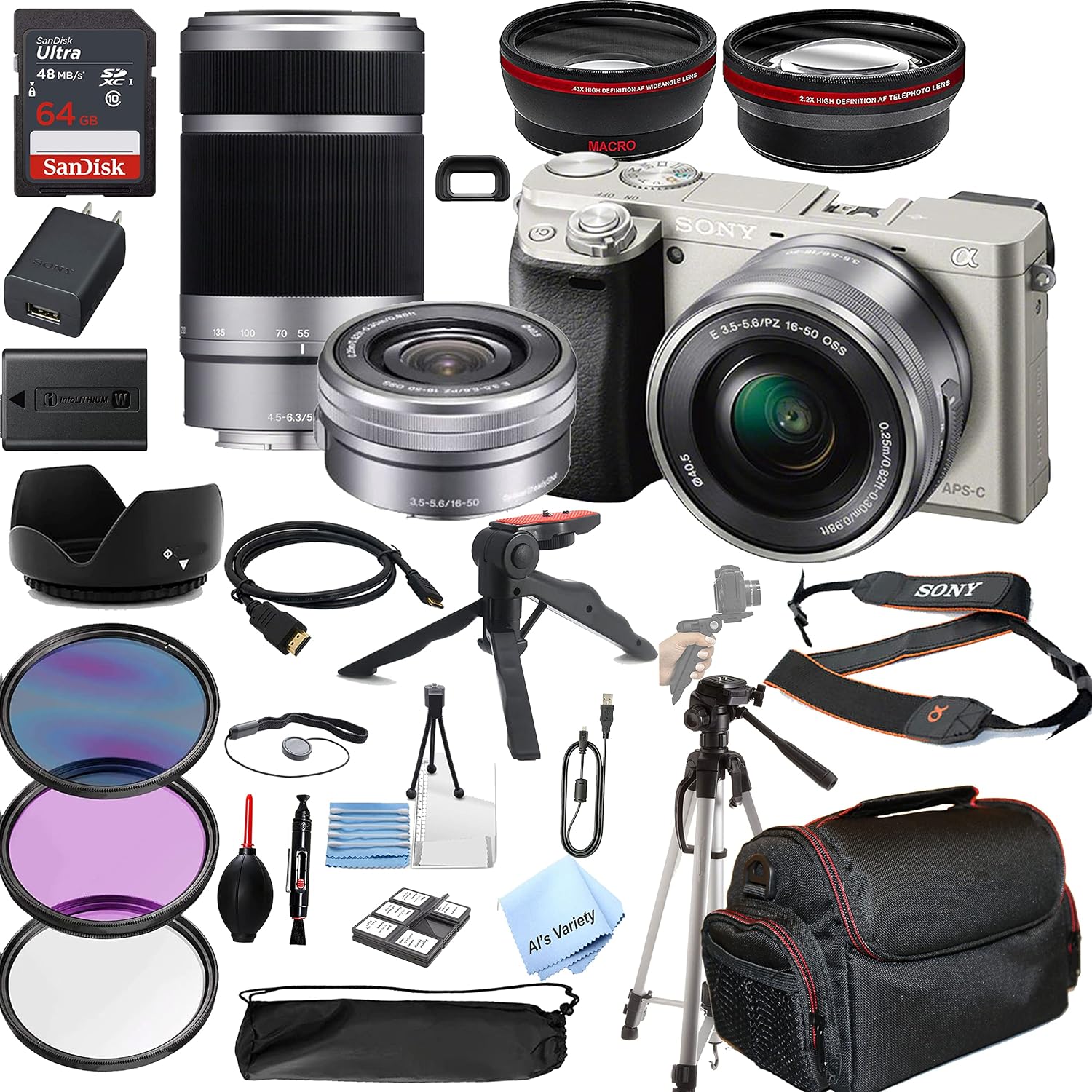 Sony Alpha a6400 Mirrorless Digital Camera (Silver) with 16-50mm & 55-210mm Zoom Lenses + 64GB Memory, Wide Angle + Telephoto Lens, Filters, Case, Tripod + More (30PC Bundle Kit) (Renewed)
